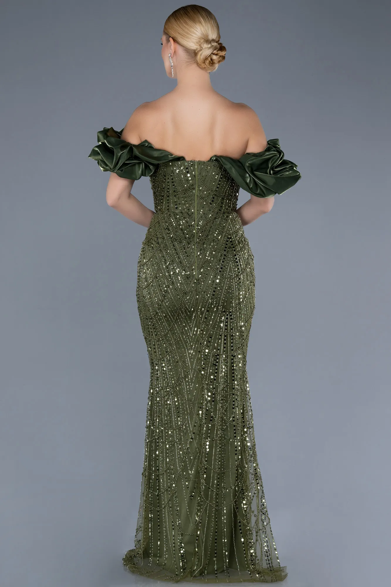 Olive Drab-Stoned Strapless Sleeve Accessories Long Mermaid Evening Gown ABU4509