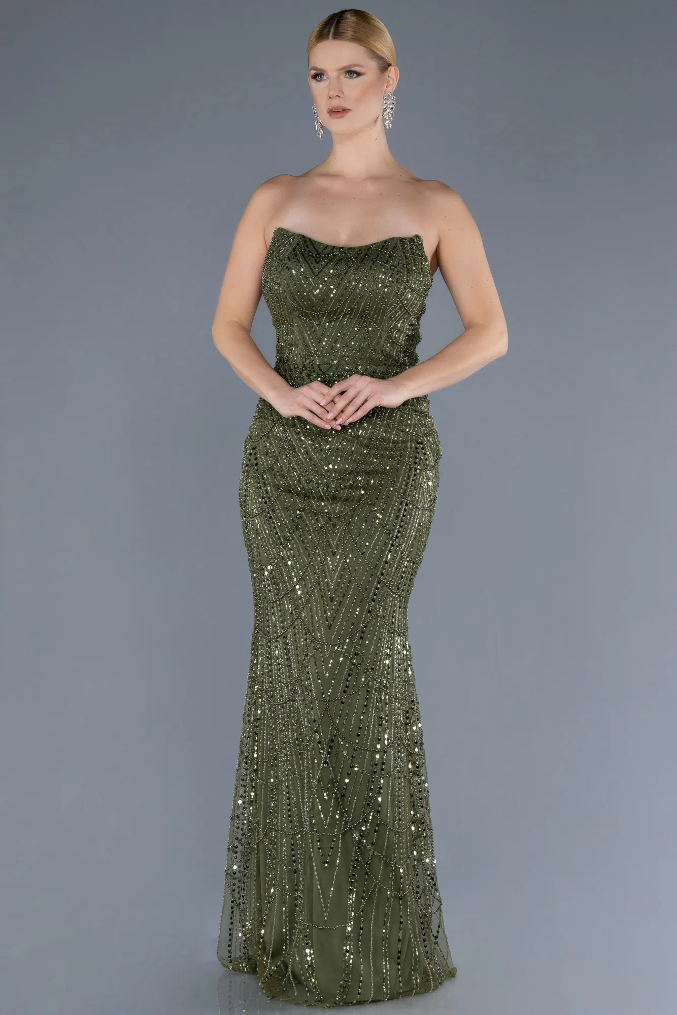 Olive Drab-Strapless Beaded Long Mermaid Evening Gown ABU4563