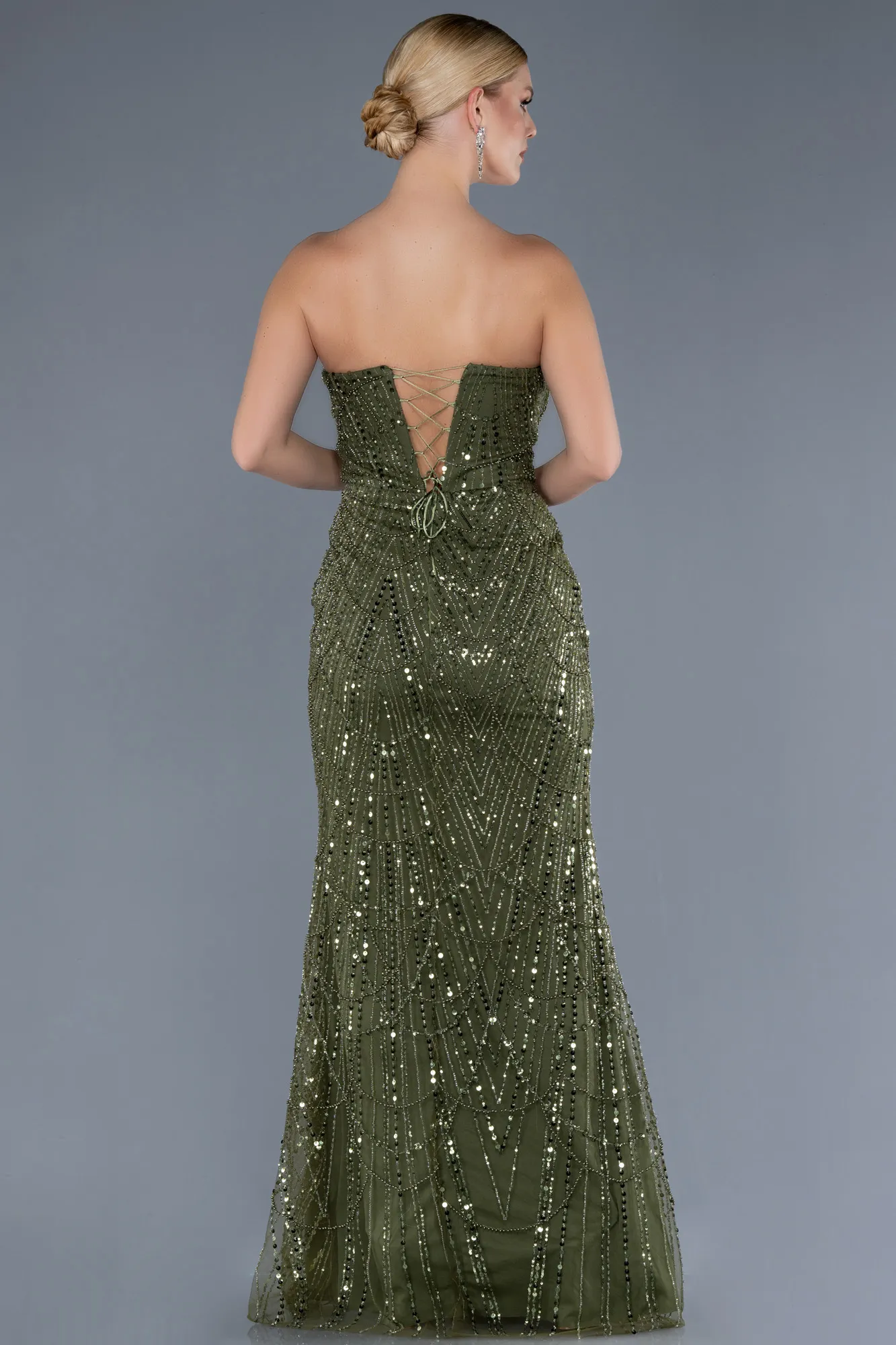 Olive Drab-Strapless Beaded Long Mermaid Evening Gown ABU4563