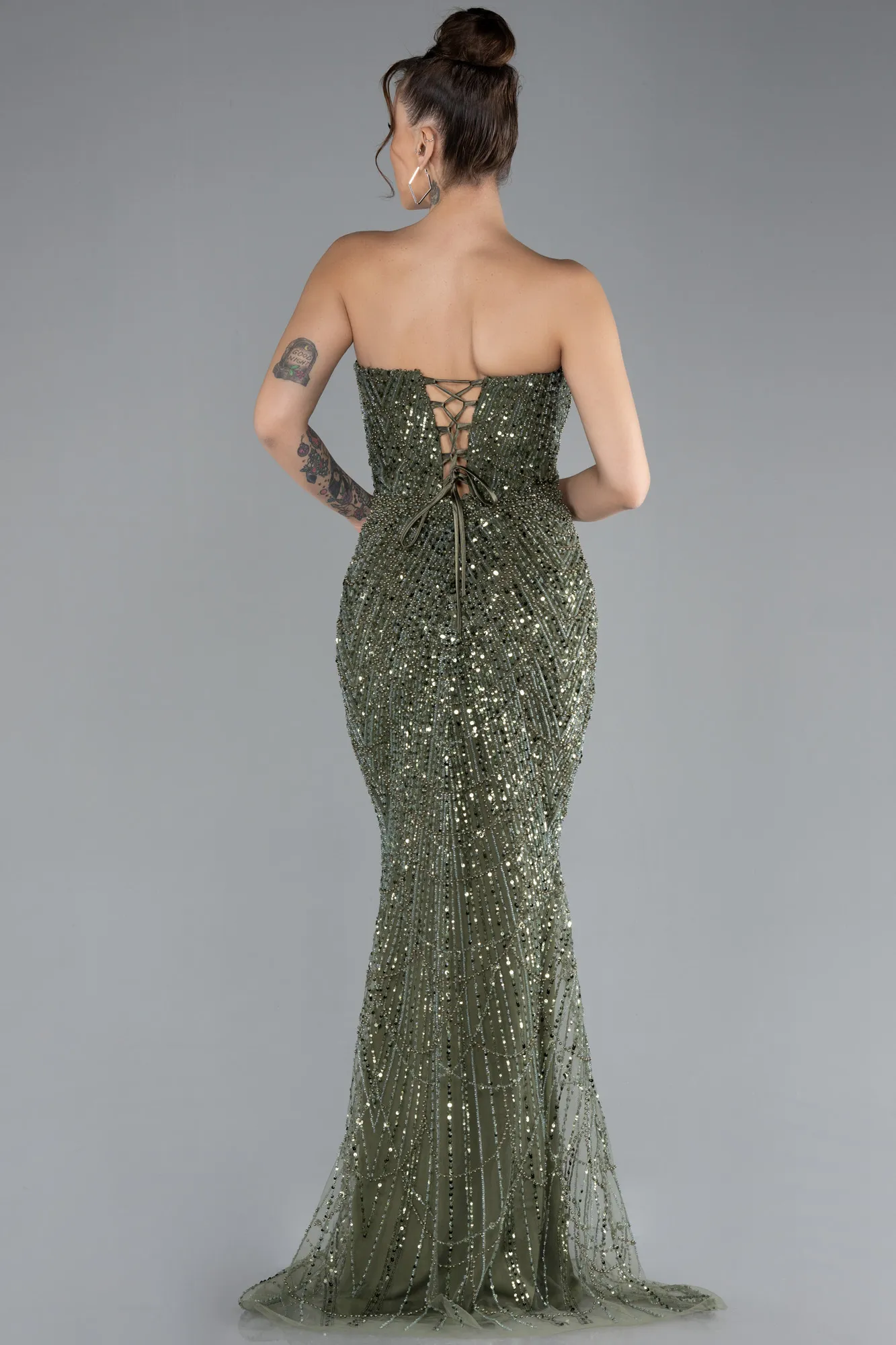 Olive Drab-Strapless Long Beaded Fishtail Evening Gown ABU4382