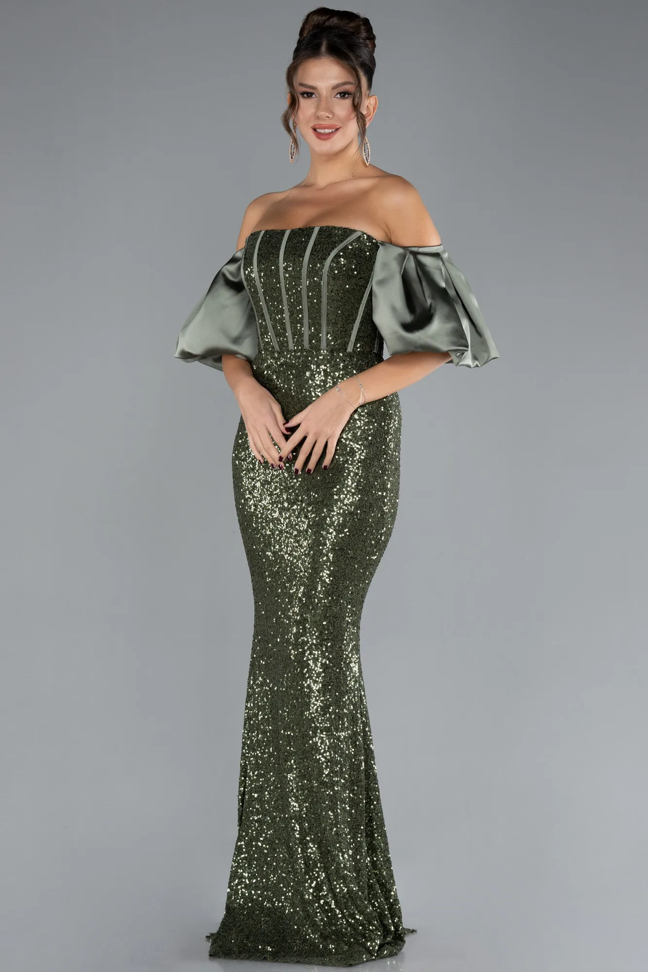 Olive Drab-Strapless Sleeve Accessories Long Scaly Evening Gown ABU4308