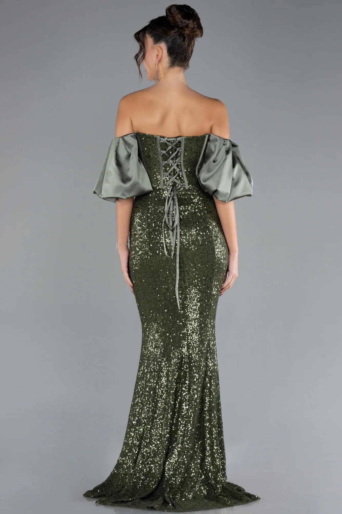 Olive Drab-Strapless Sleeve Accessories Long Scaly Evening Gown ABU4308