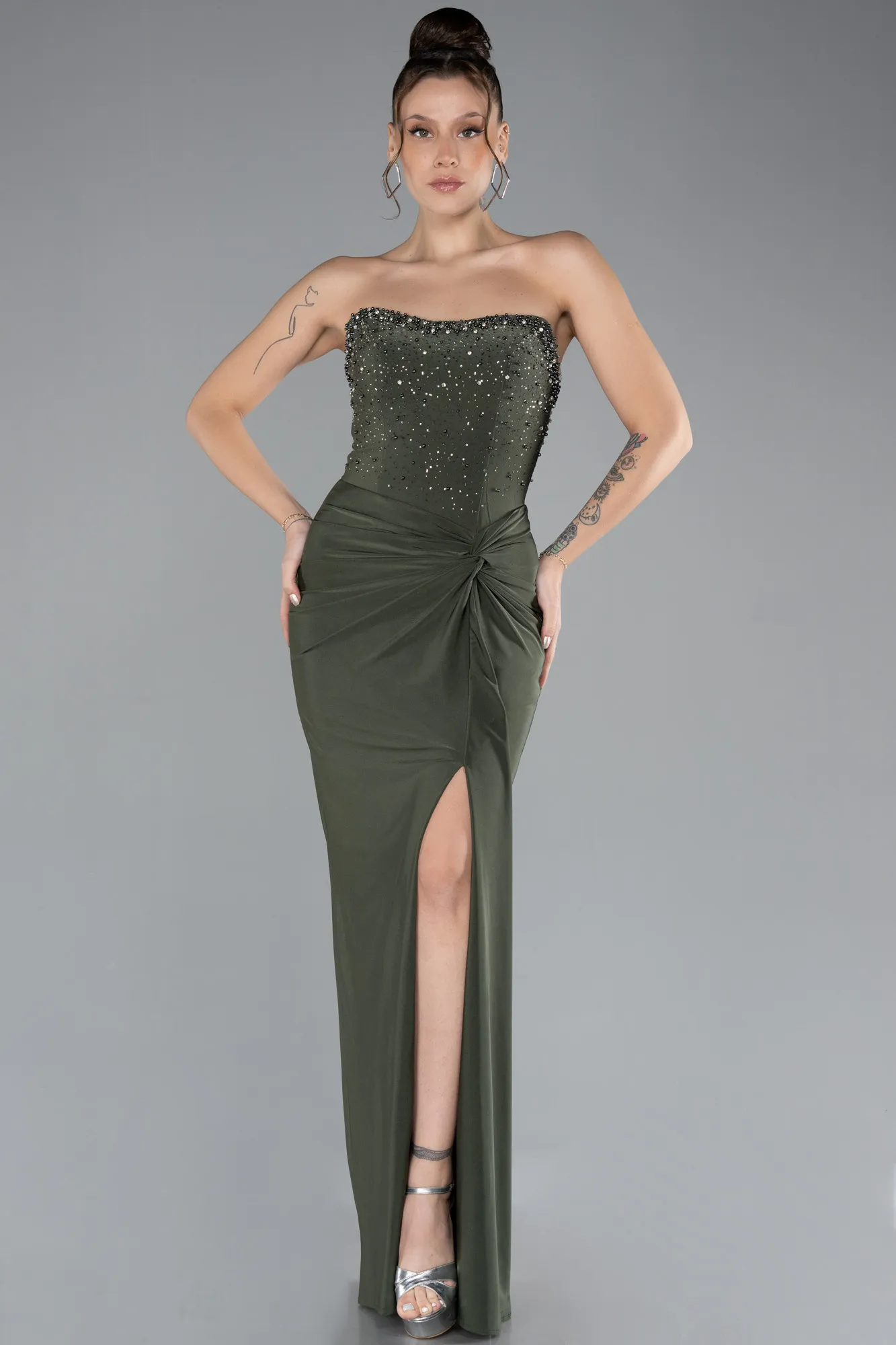 Olive Drab-Strapless Slit Long Evening Dress ABU3977