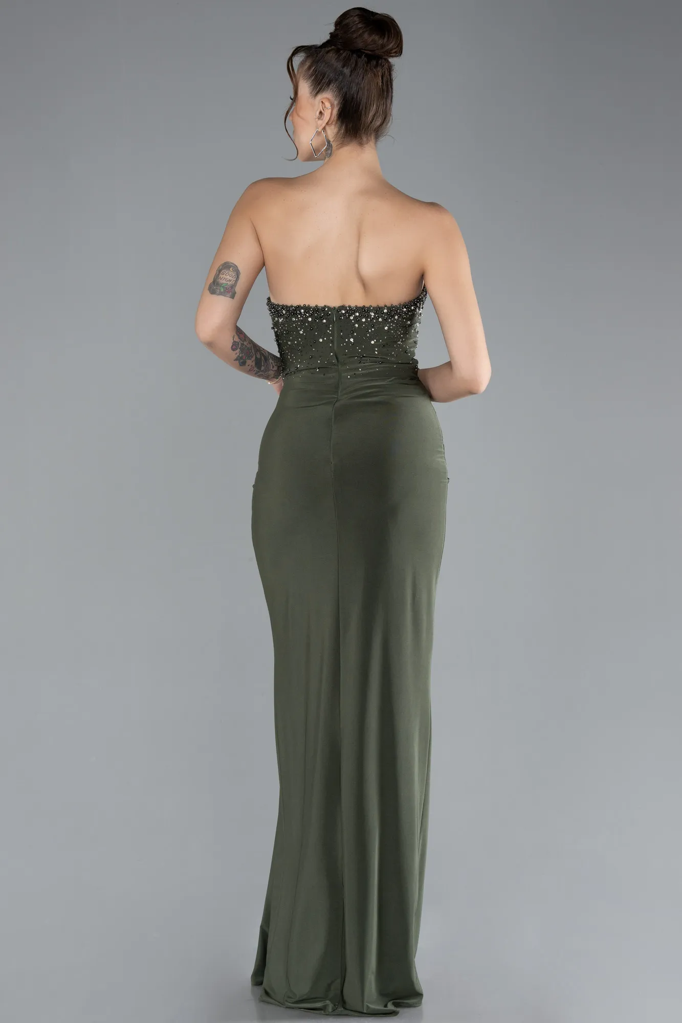 Olive Drab-Strapless Slit Long Evening Dress ABU3977