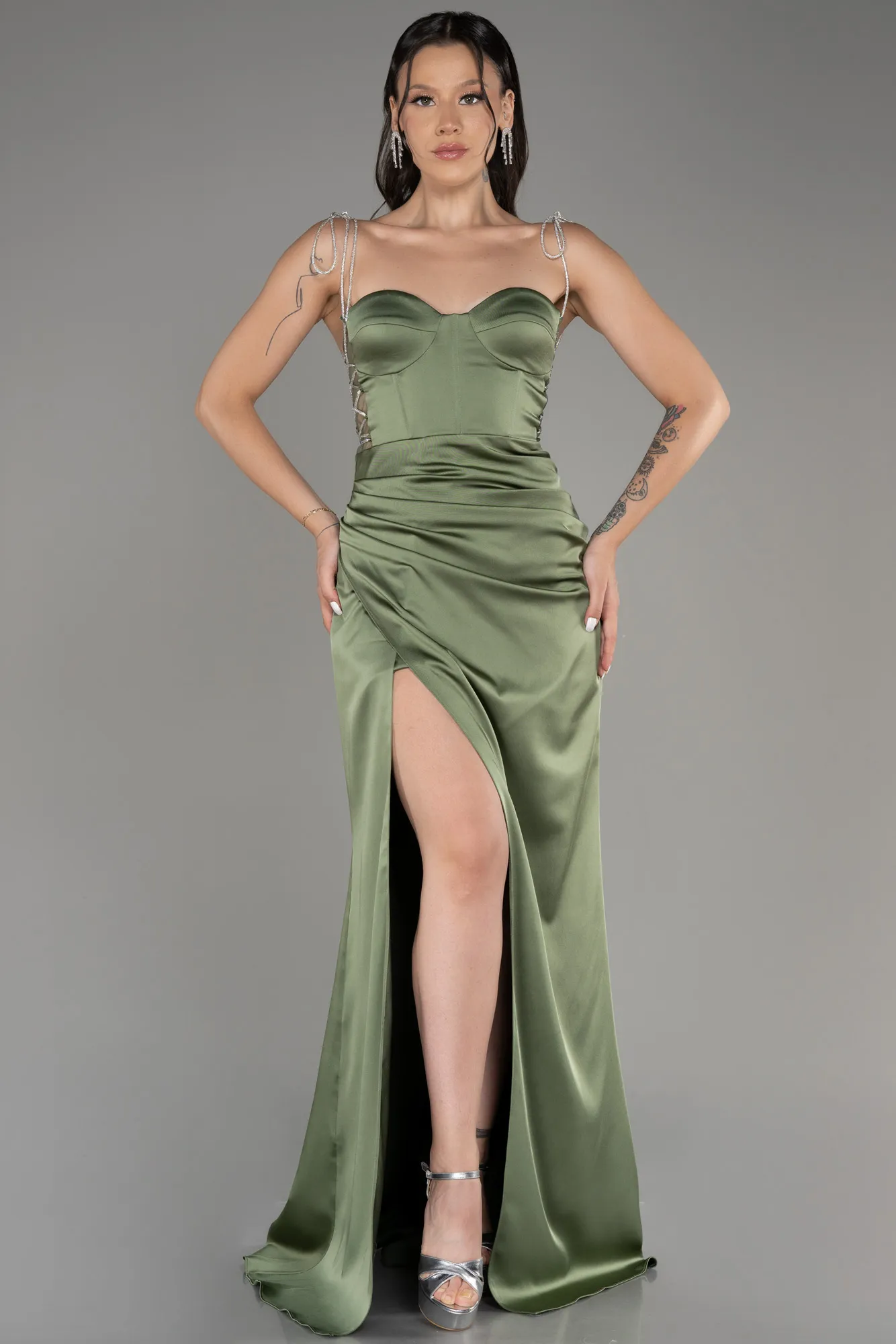 Olive Drab-Strapless Slit Long Satin Evening Dress ABU3866