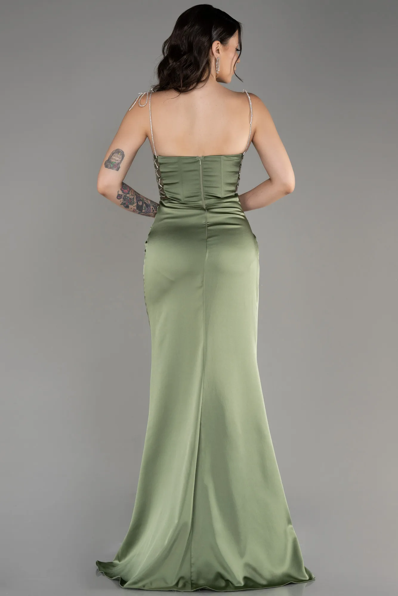 Olive Drab-Strapless Slit Long Satin Evening Dress ABU3866