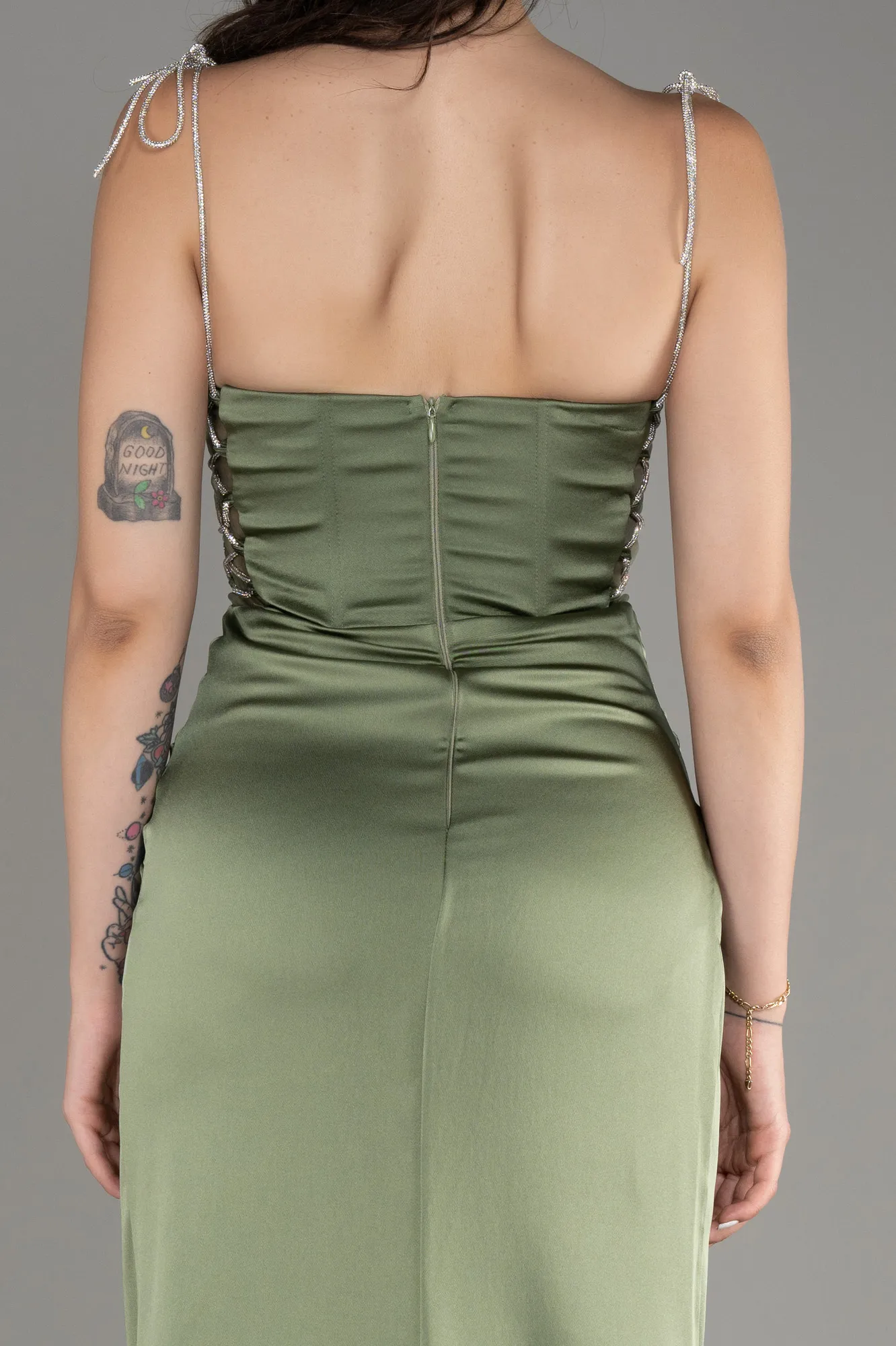 Olive Drab-Strapless Slit Long Satin Evening Dress ABU3866