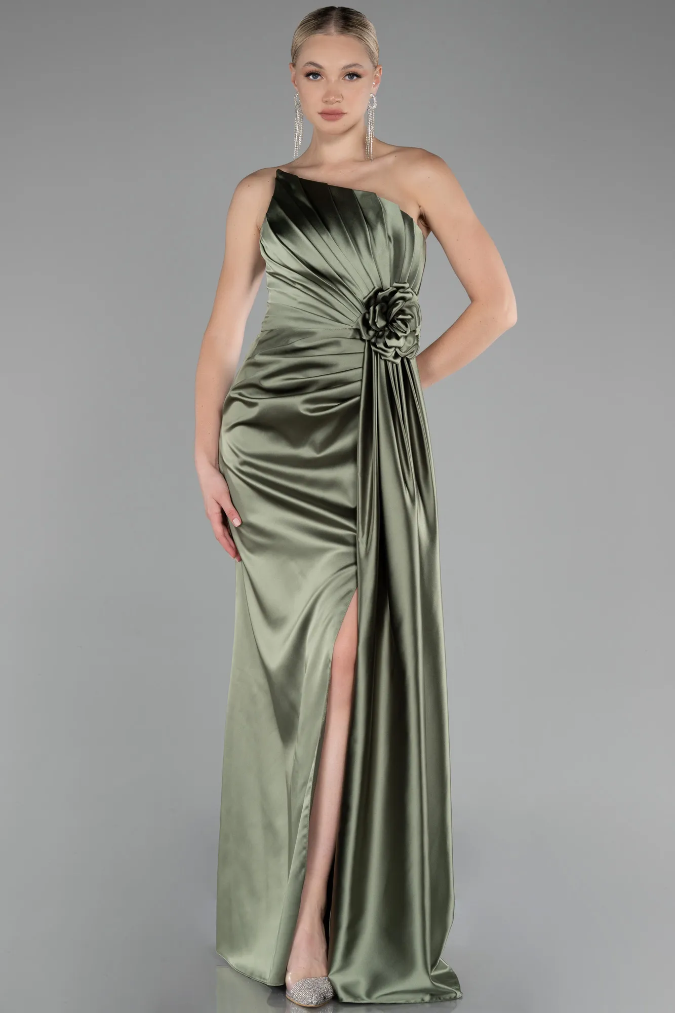 Olive Drab-Strapless Slit Long Satin Evening Dress ABU4174