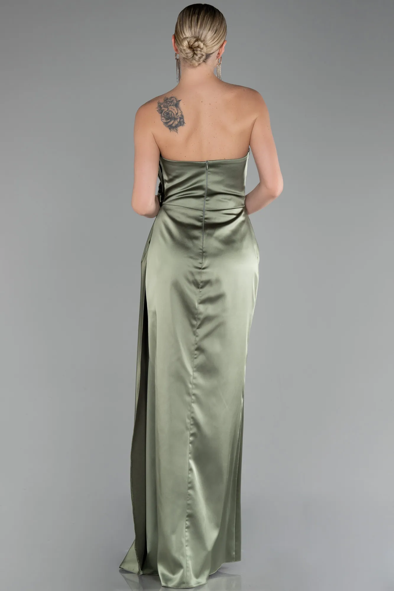 Olive Drab-Strapless Slit Long Satin Evening Dress ABU4174