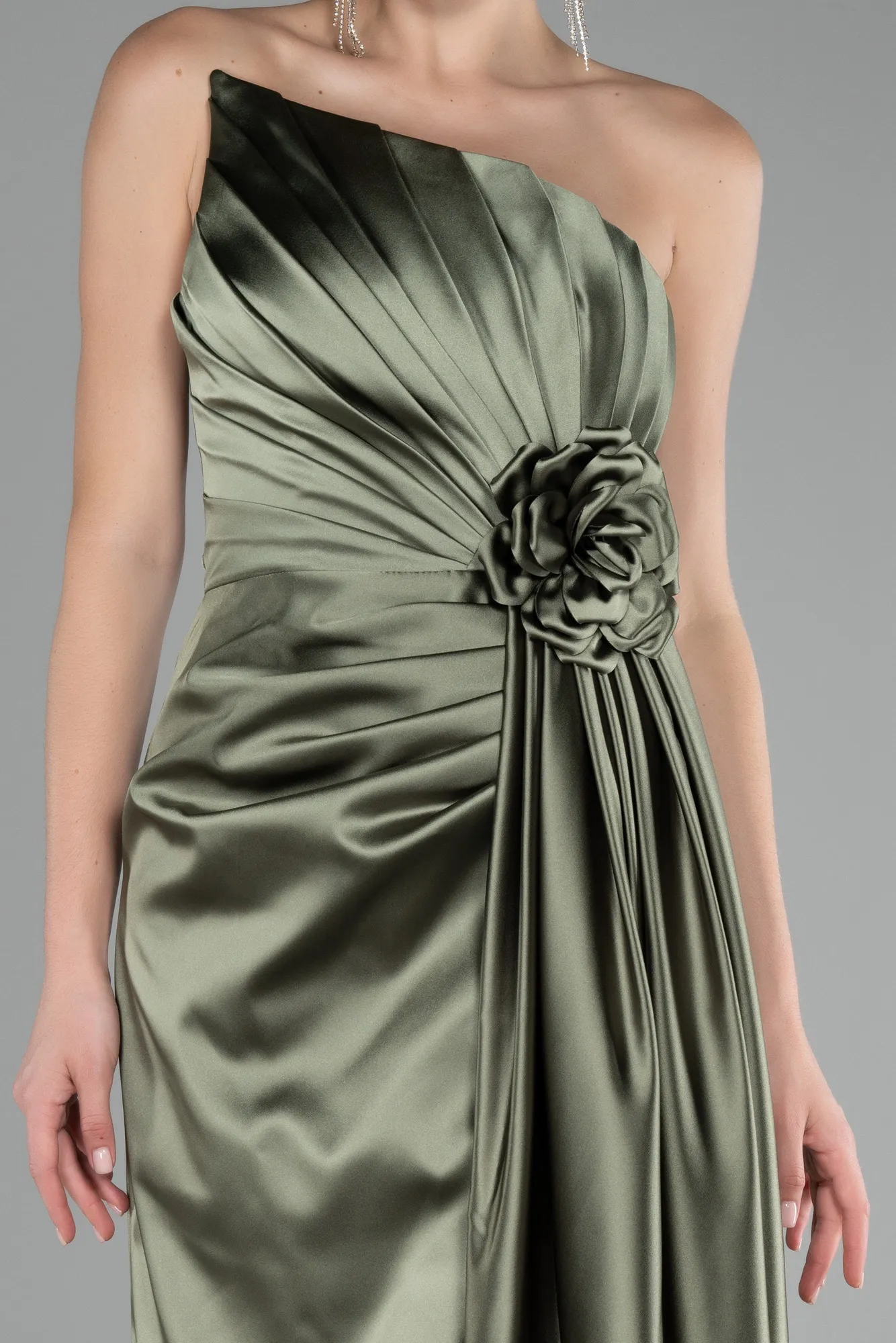 Olive Drab-Strapless Slit Long Satin Evening Dress ABU4174