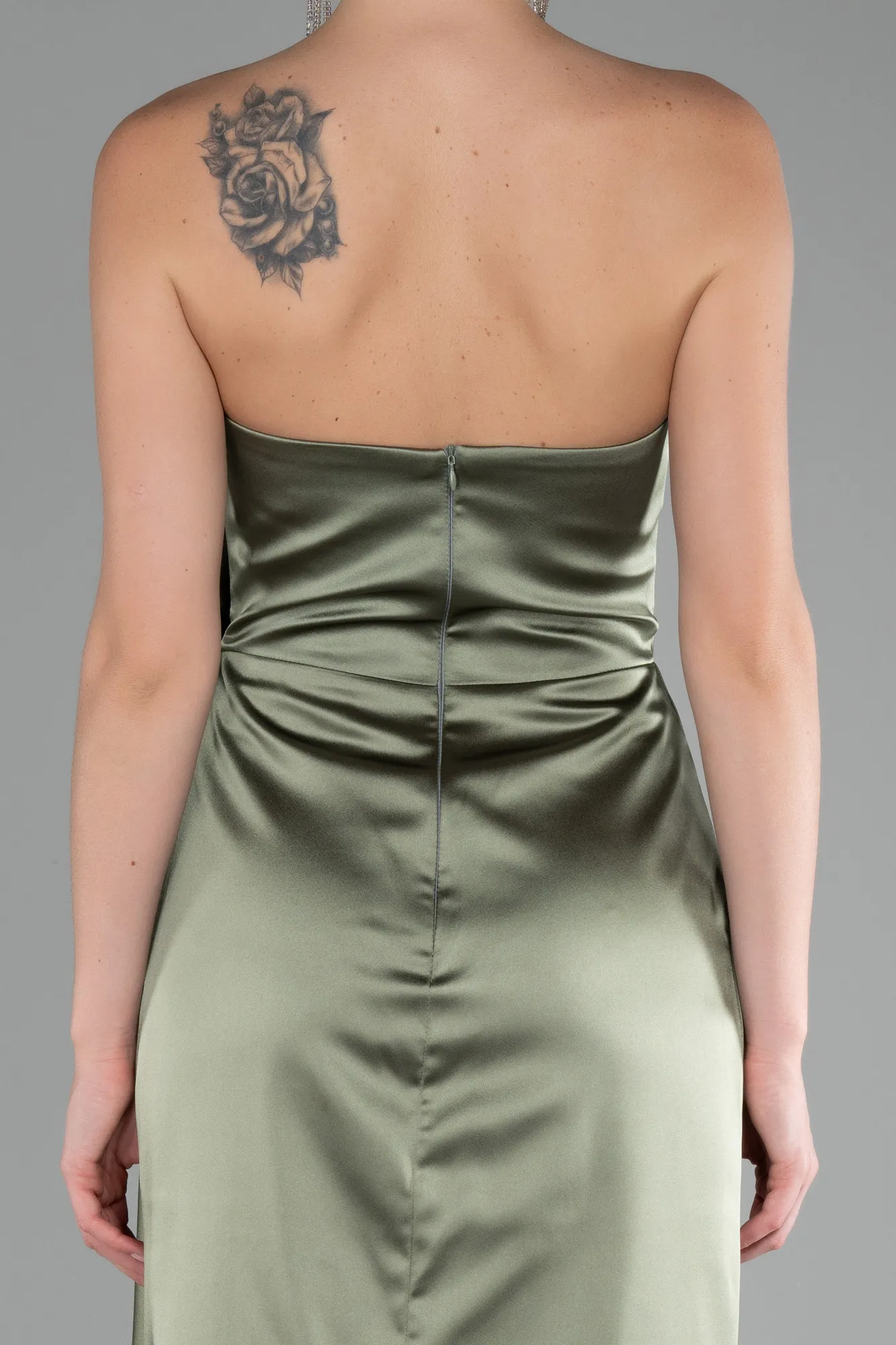 Olive Drab-Strapless Slit Long Satin Evening Dress ABU4174