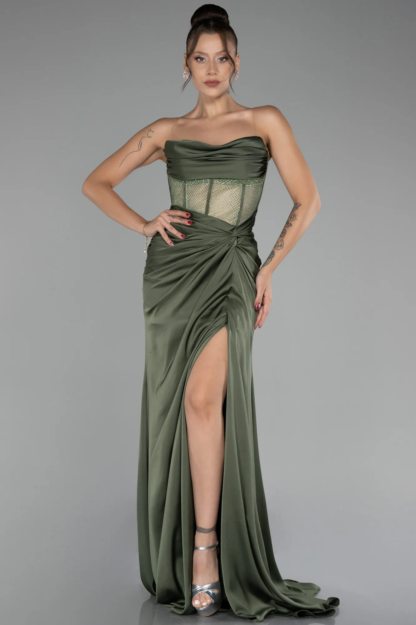 Olive Drab-Strapless Slit Long Satin Evening Gown ABU4155