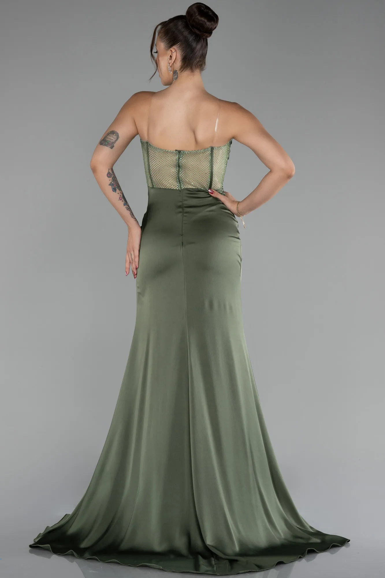 Olive Drab-Strapless Slit Long Satin Evening Gown ABU4155