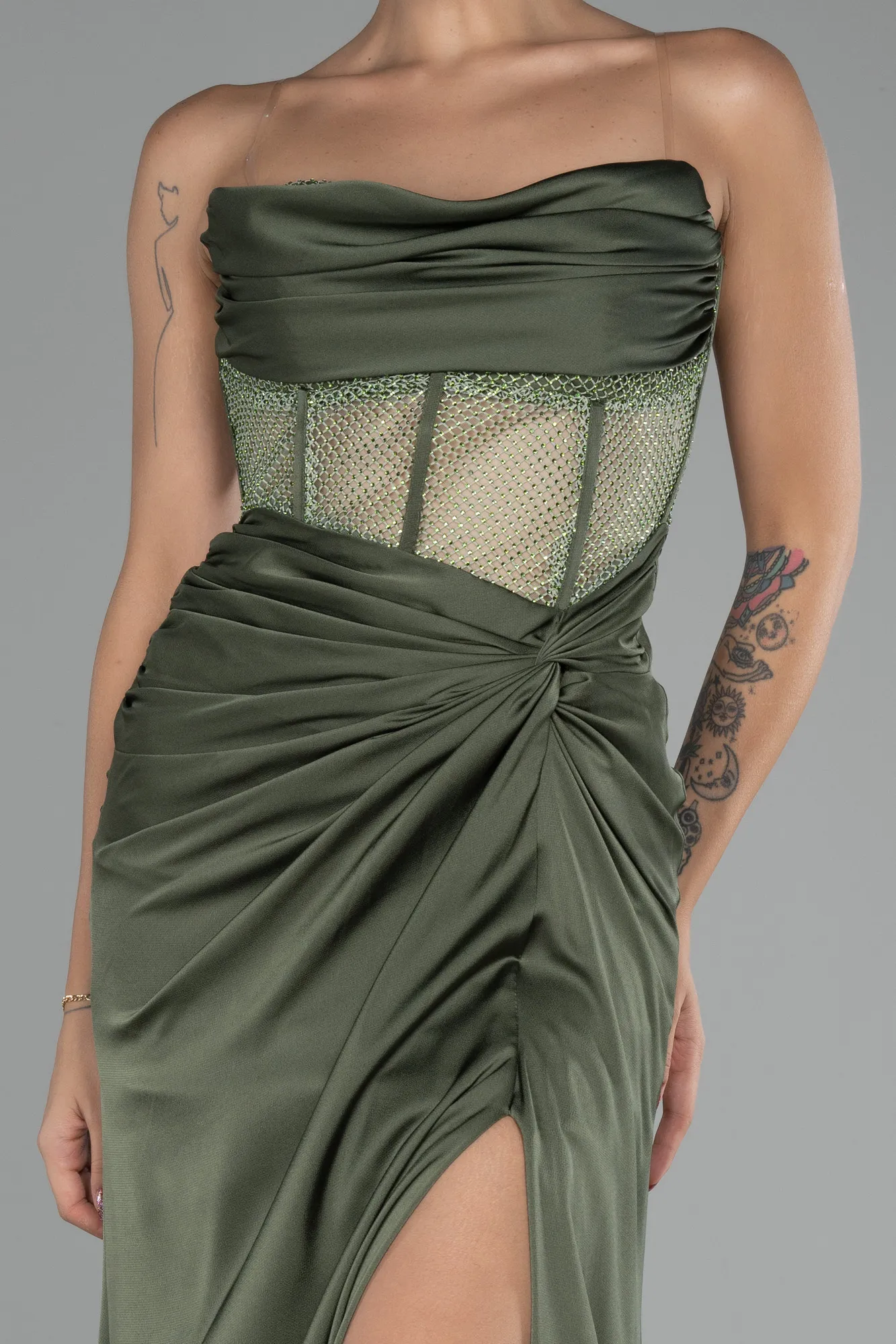 Olive Drab-Strapless Slit Long Satin Evening Gown ABU4155