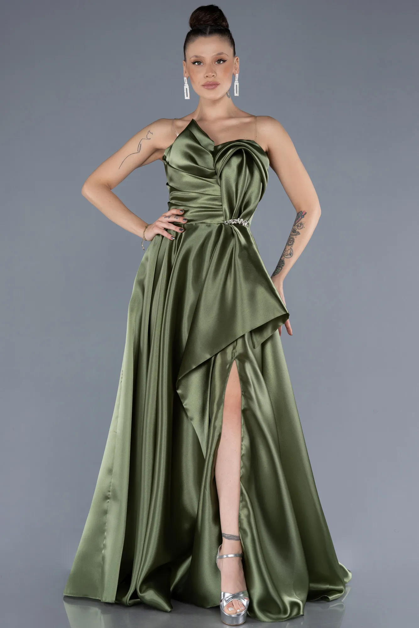 Olive Drab-Strapless Slit Long Satin Prom Dress ABU4561