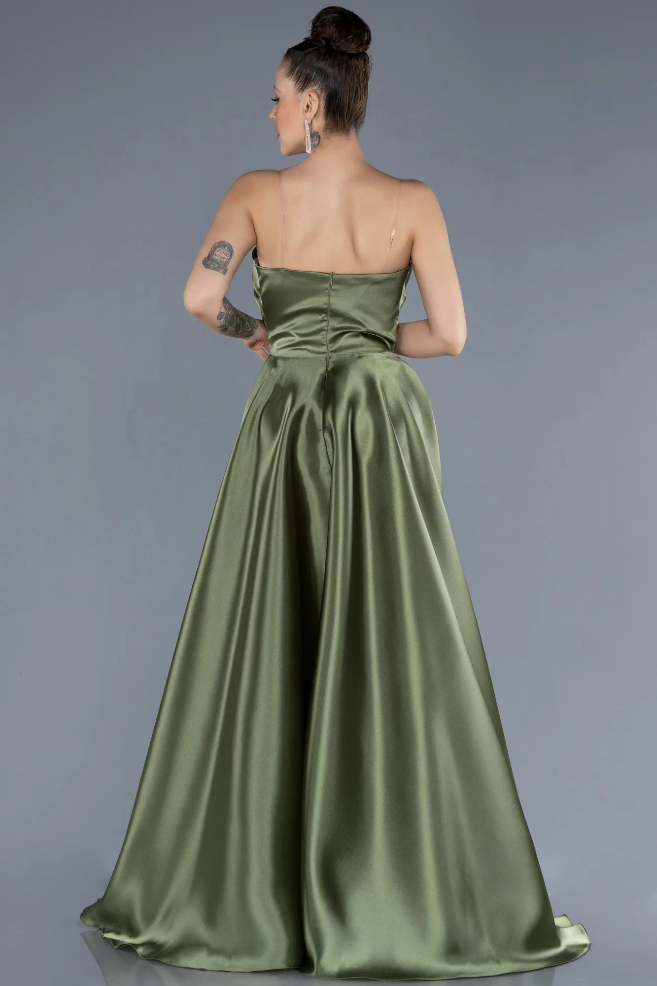 Olive Drab-Strapless Slit Long Satin Prom Dress ABU4561