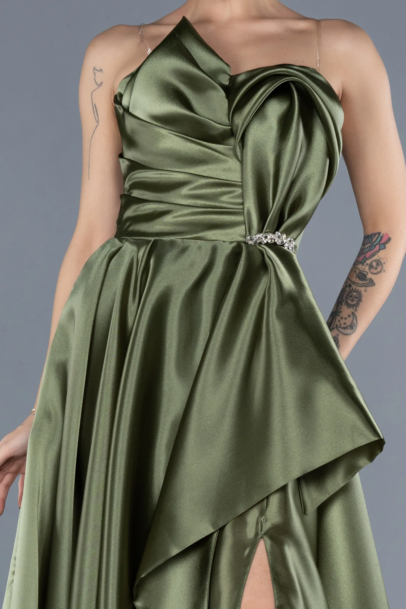 Olive Drab-Strapless Slit Long Satin Prom Dress ABU4561