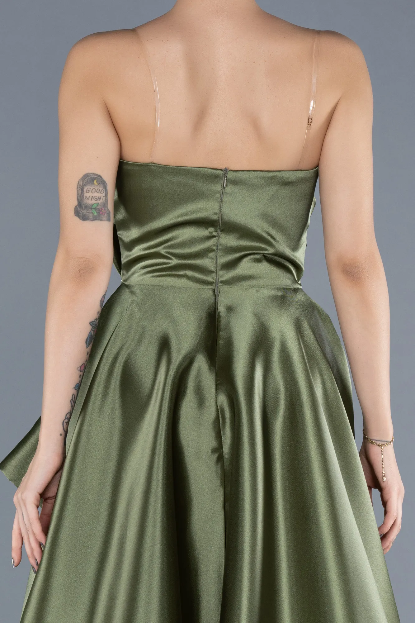 Olive Drab-Strapless Slit Long Satin Prom Dress ABU4561