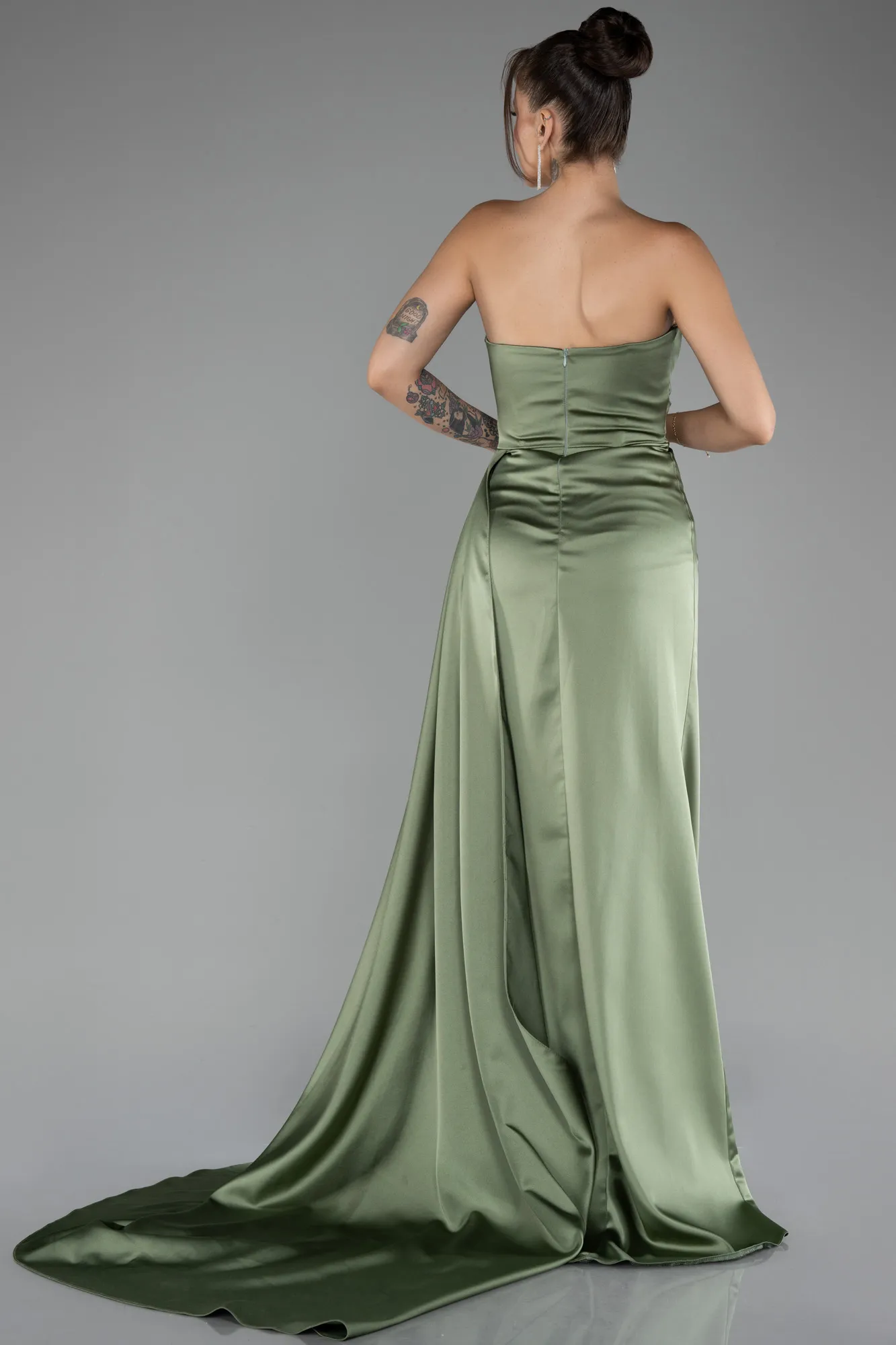 Olive Drab-Strapless Slit Long Satin Prom Gown ABU4093