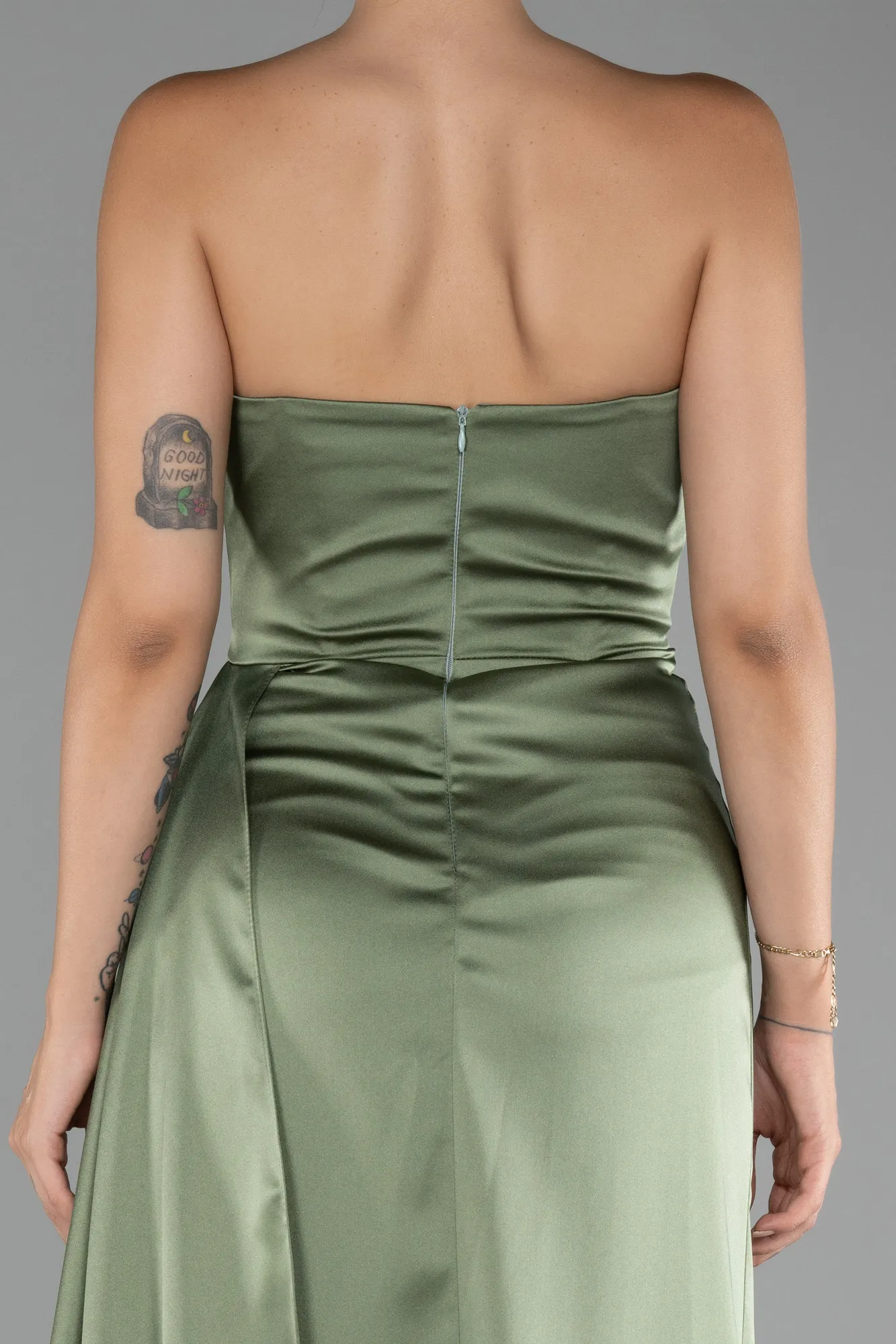 Olive Drab-Strapless Slit Long Satin Prom Gown ABU4093