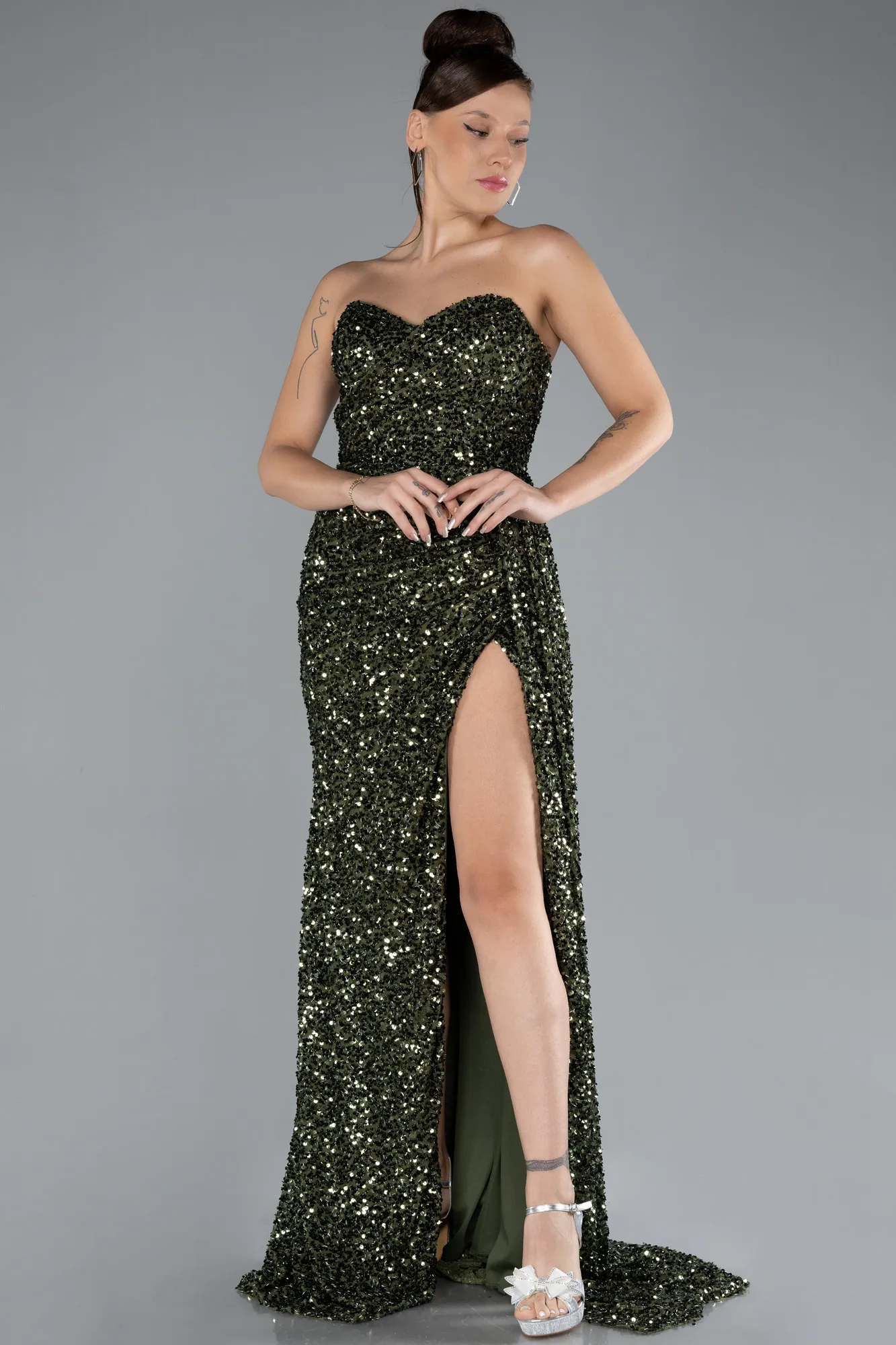 Olive Drab-Strapless Slit Long Sequined Prom Gown ABU4242