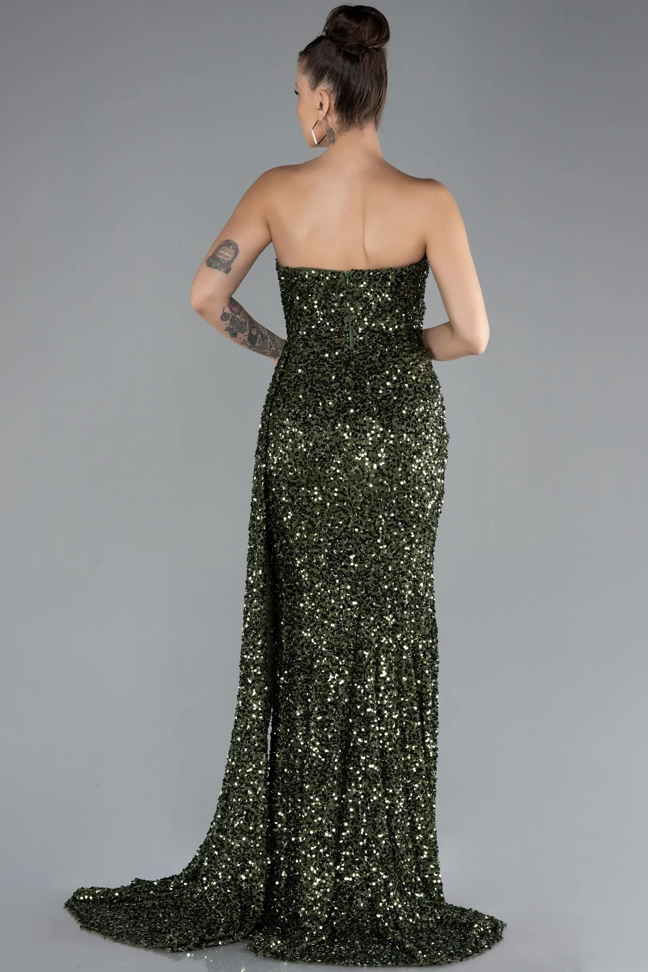 Olive Drab-Strapless Slit Long Sequined Prom Gown ABU4242