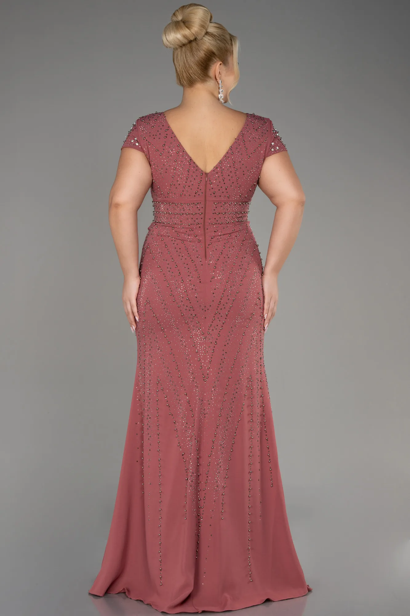 Onion Skin-Short Sleeve Stone Long Plus Size Evening Gown ABU3990