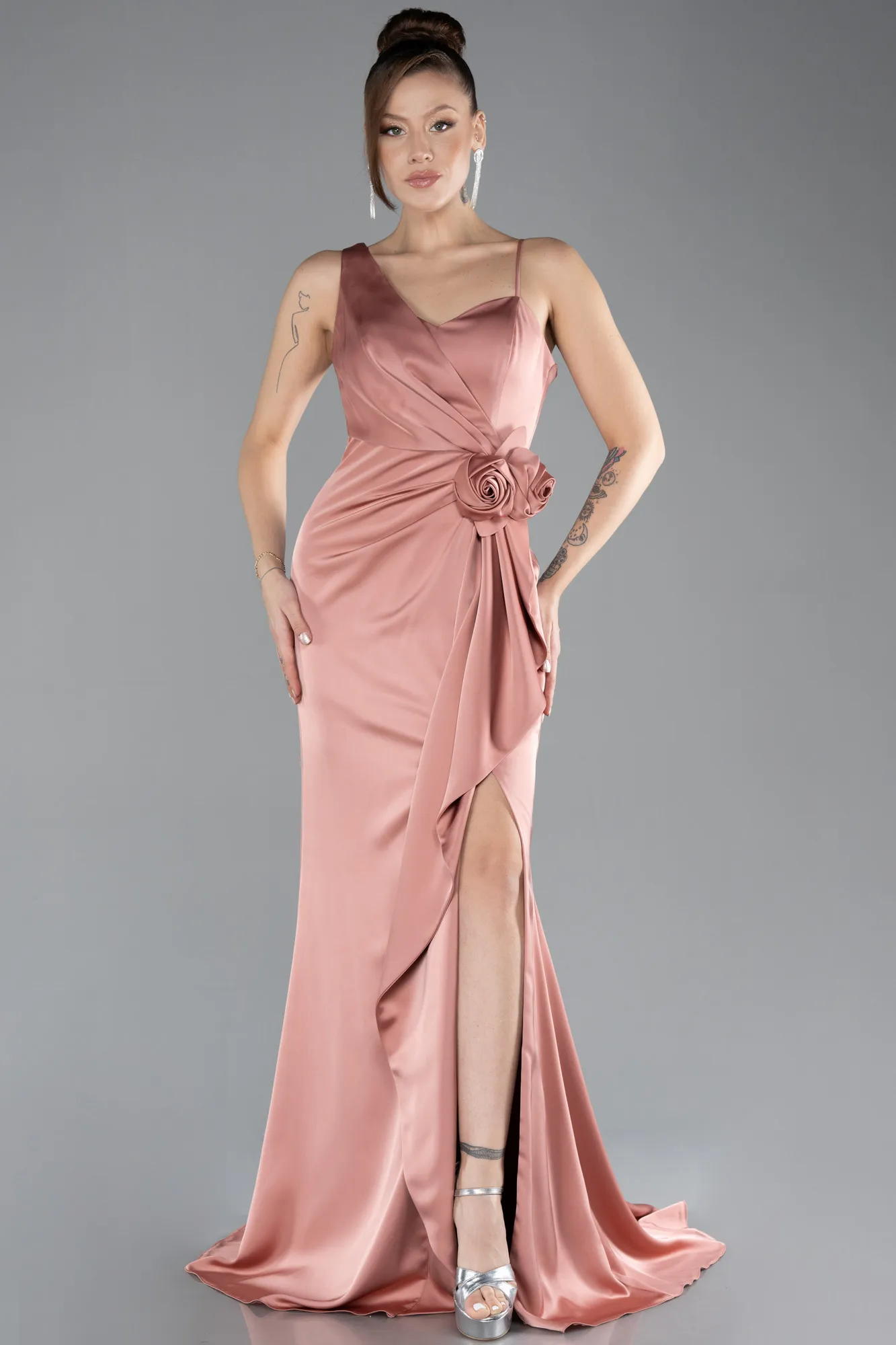 Onion Skin-Slit Long Satin Evening Gown ABU4498