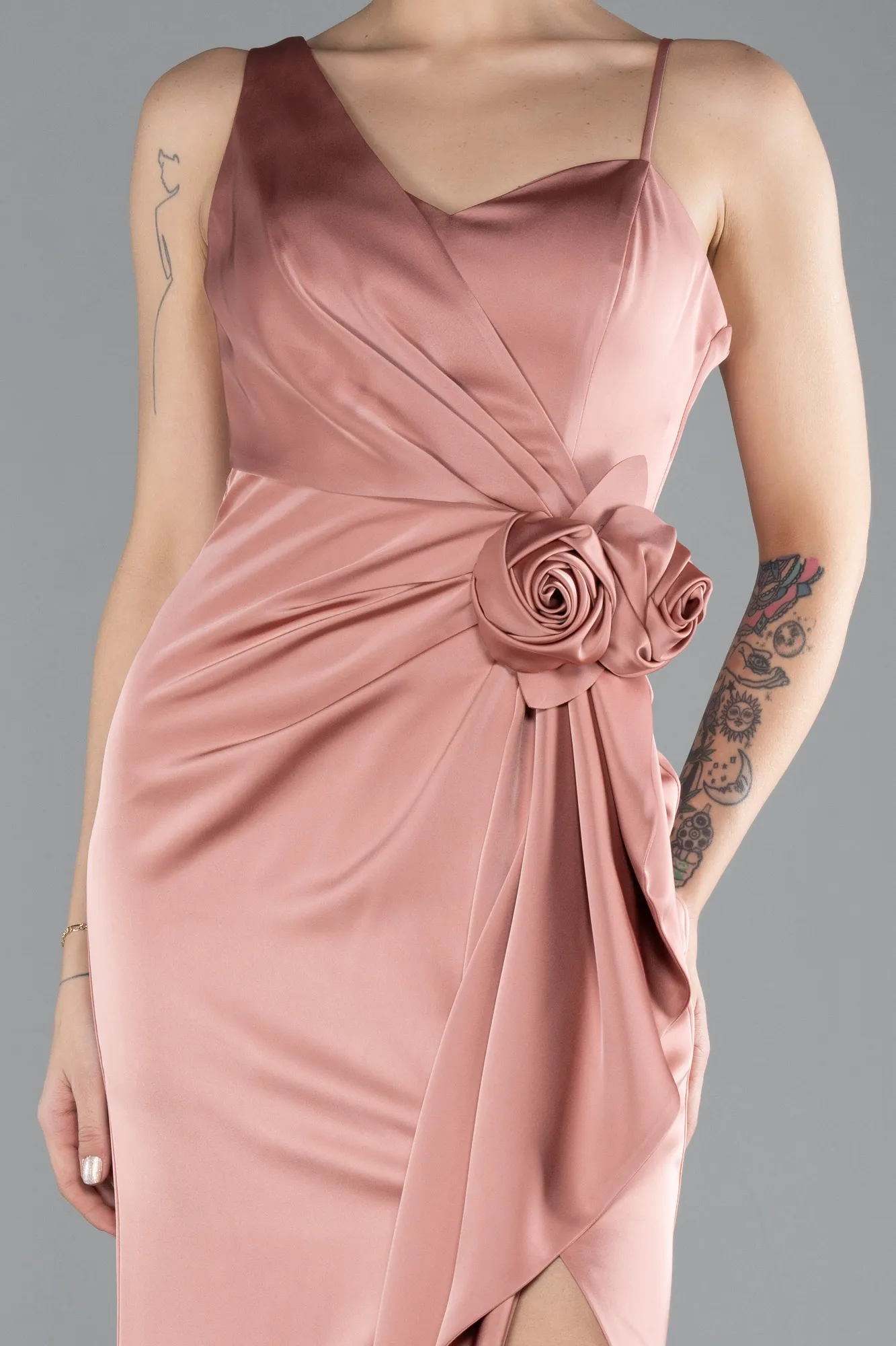 Onion Skin-Slit Long Satin Evening Gown ABU4498