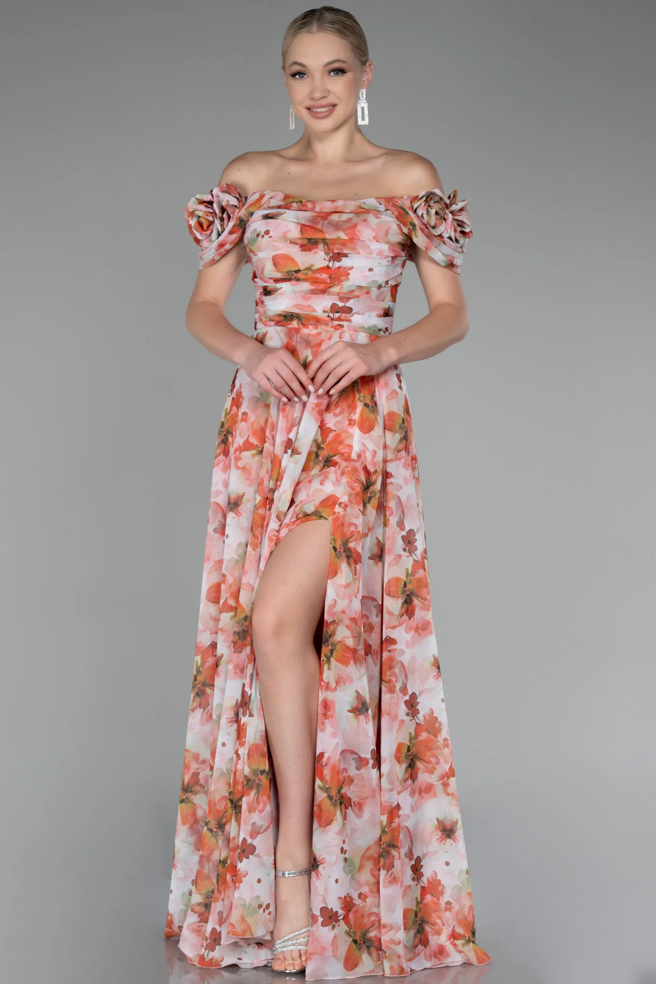 Orange-Boat Neck Floral Slit Long Prom Dress ABU4113