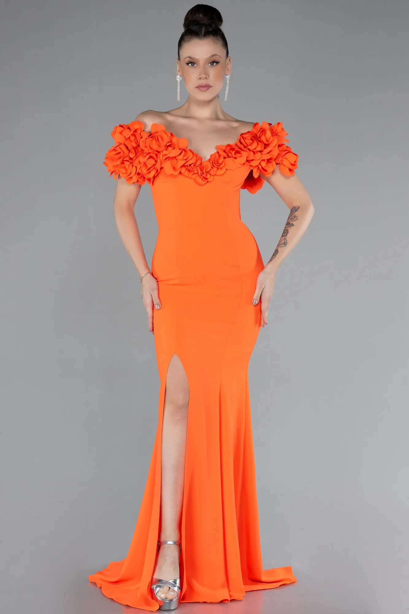 Orange-Boat Neck Slit Long Evening Dress ABU4080