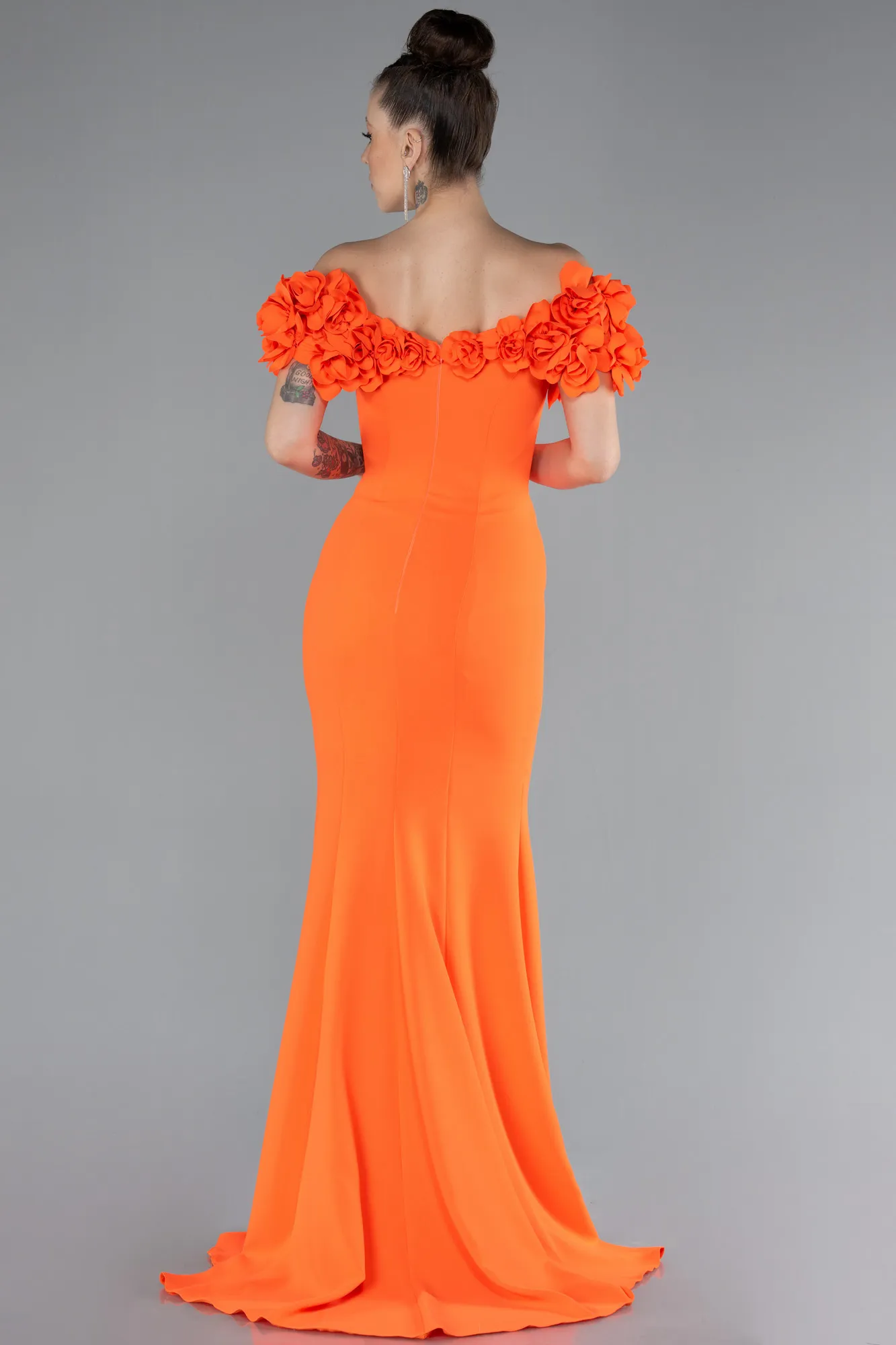 Orange-Boat Neck Slit Long Evening Dress ABU4080