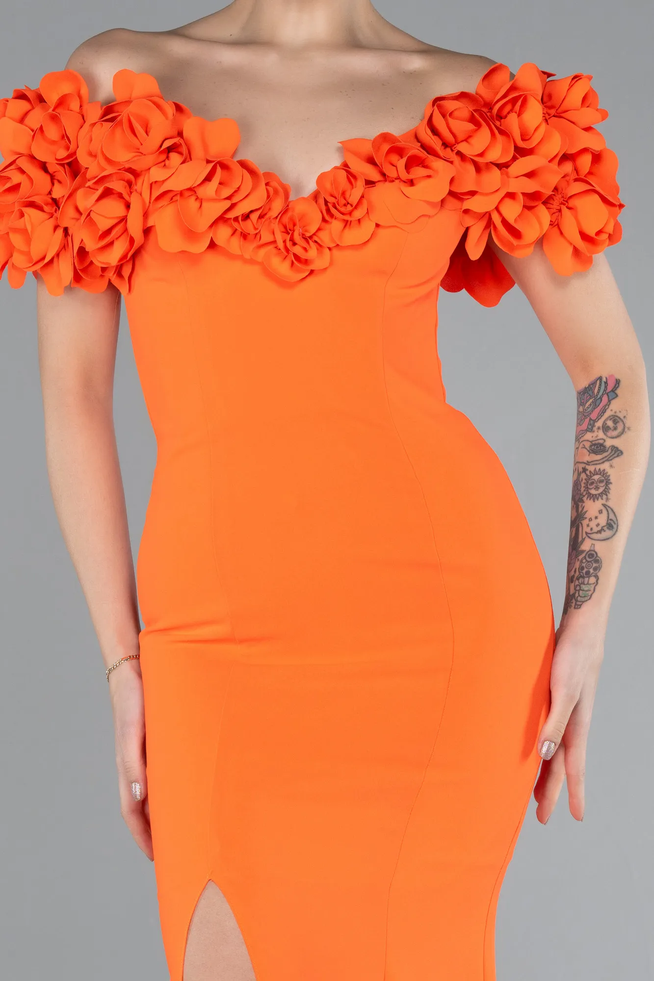 Orange-Boat Neck Slit Long Evening Dress ABU4080