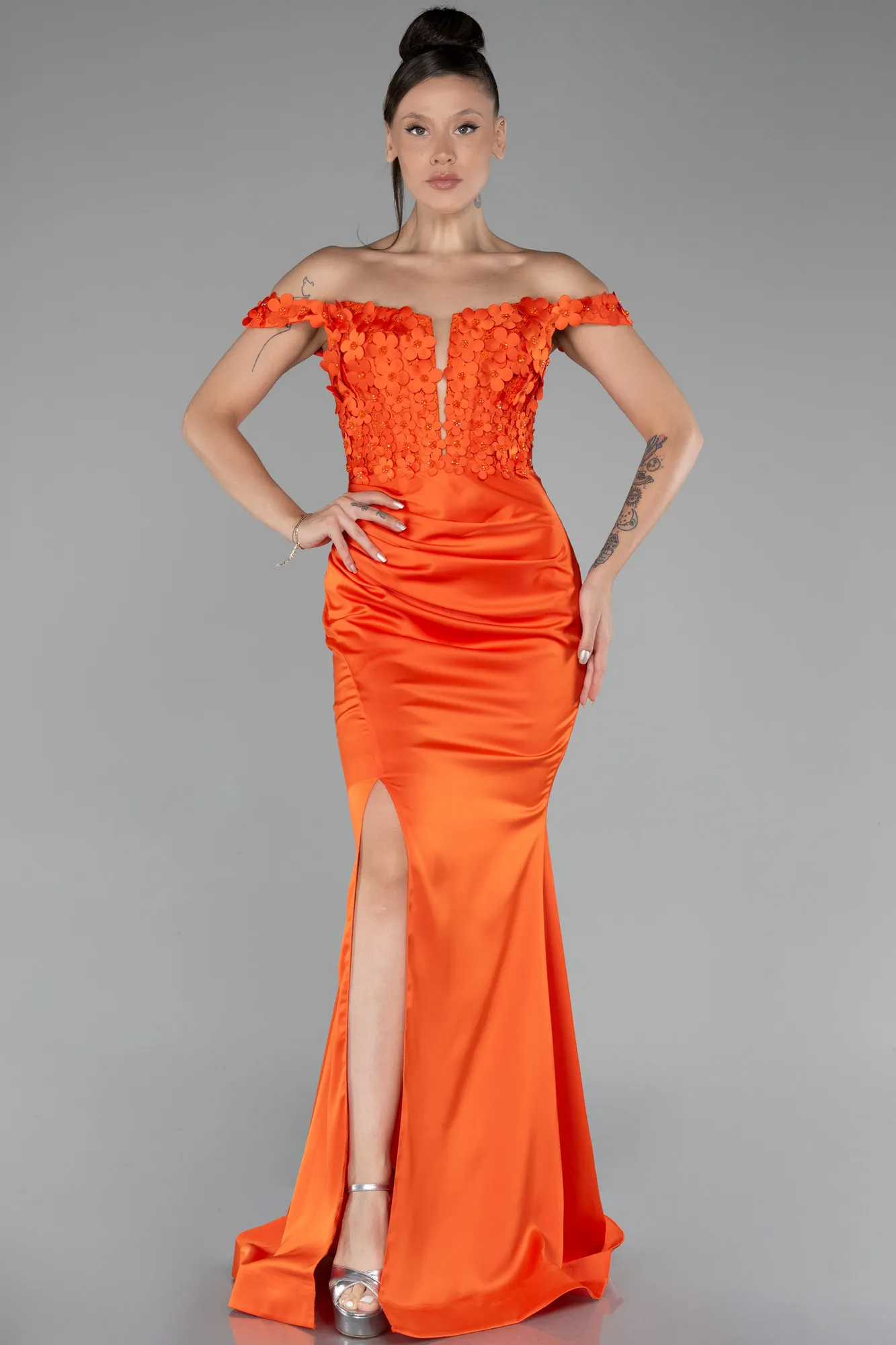 Orange-Boat Neck Slit Long Prom Gown ABU4264