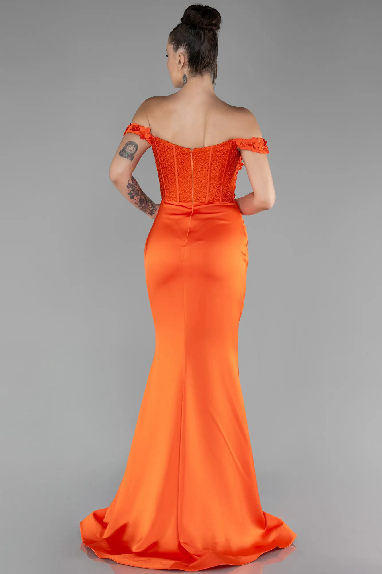 Orange-Boat Neck Slit Long Prom Gown ABU4264