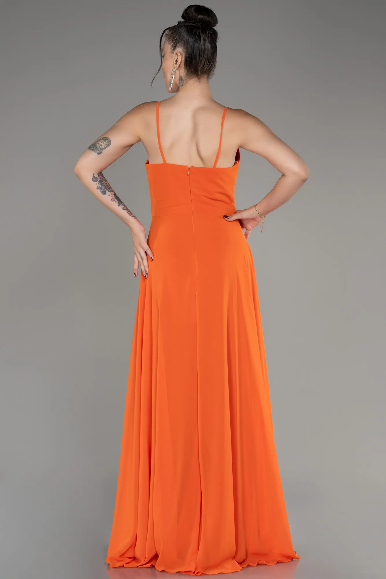 Orange-Cowl Neck Long Chiffon Evening Dress ABU4041