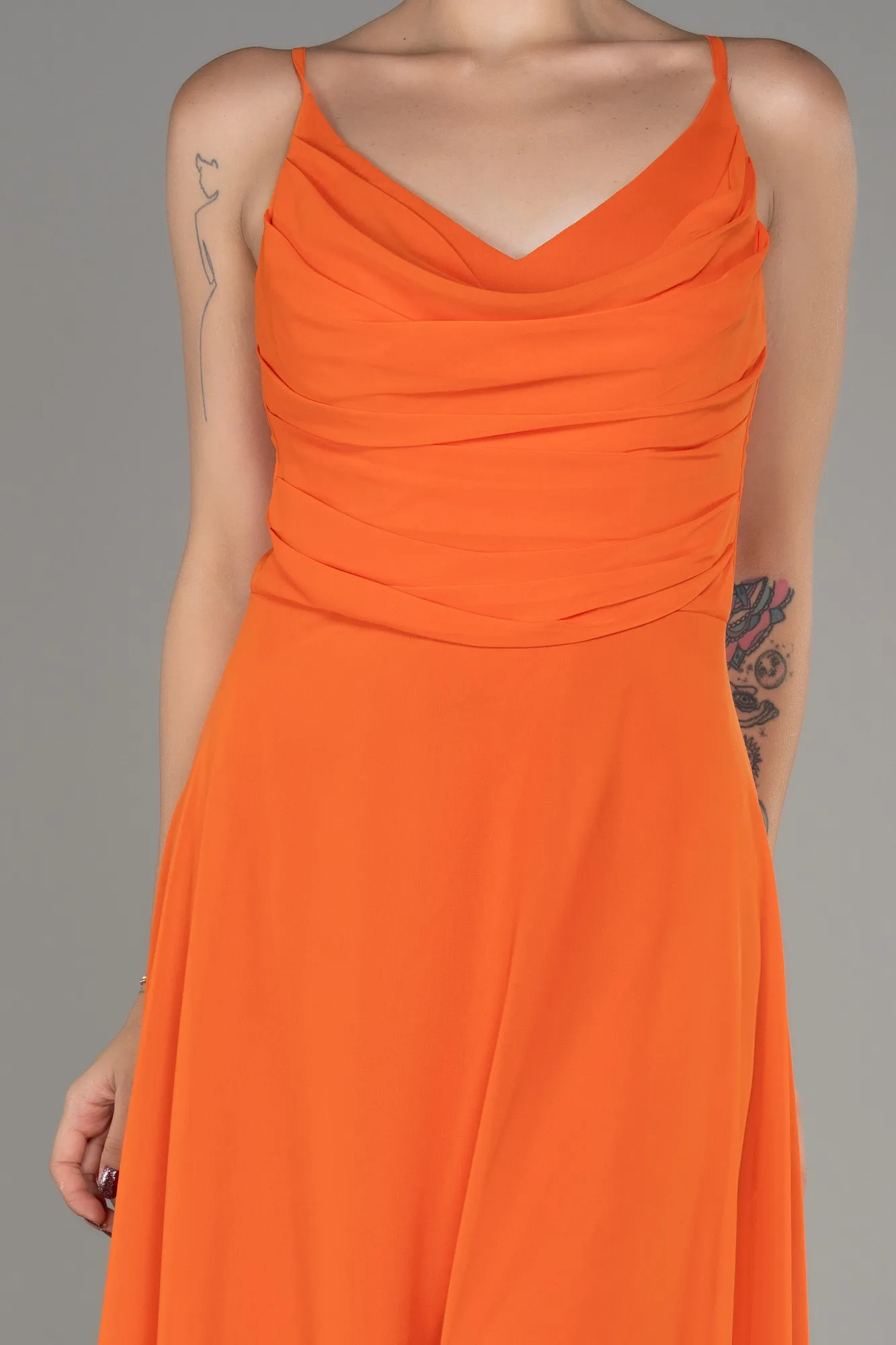 Orange-Cowl Neck Long Chiffon Evening Dress ABU4041