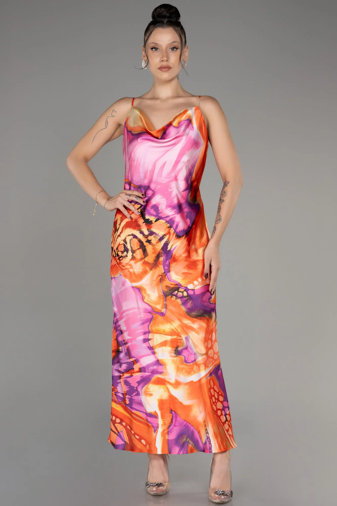 Orange-Cowl Neck Patterned Midi Chiffon Prom Dress ABK2105