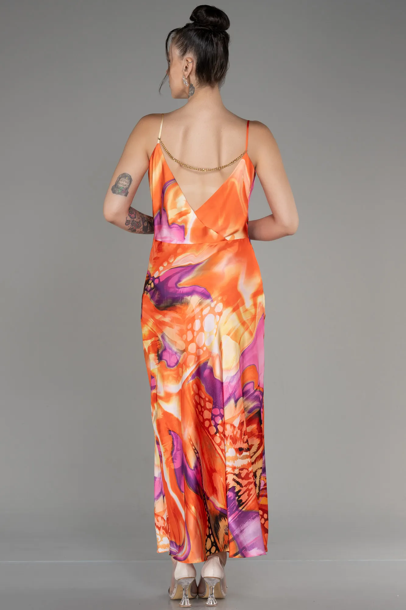 Orange-Cowl Neck Patterned Midi Chiffon Prom Dress ABK2105