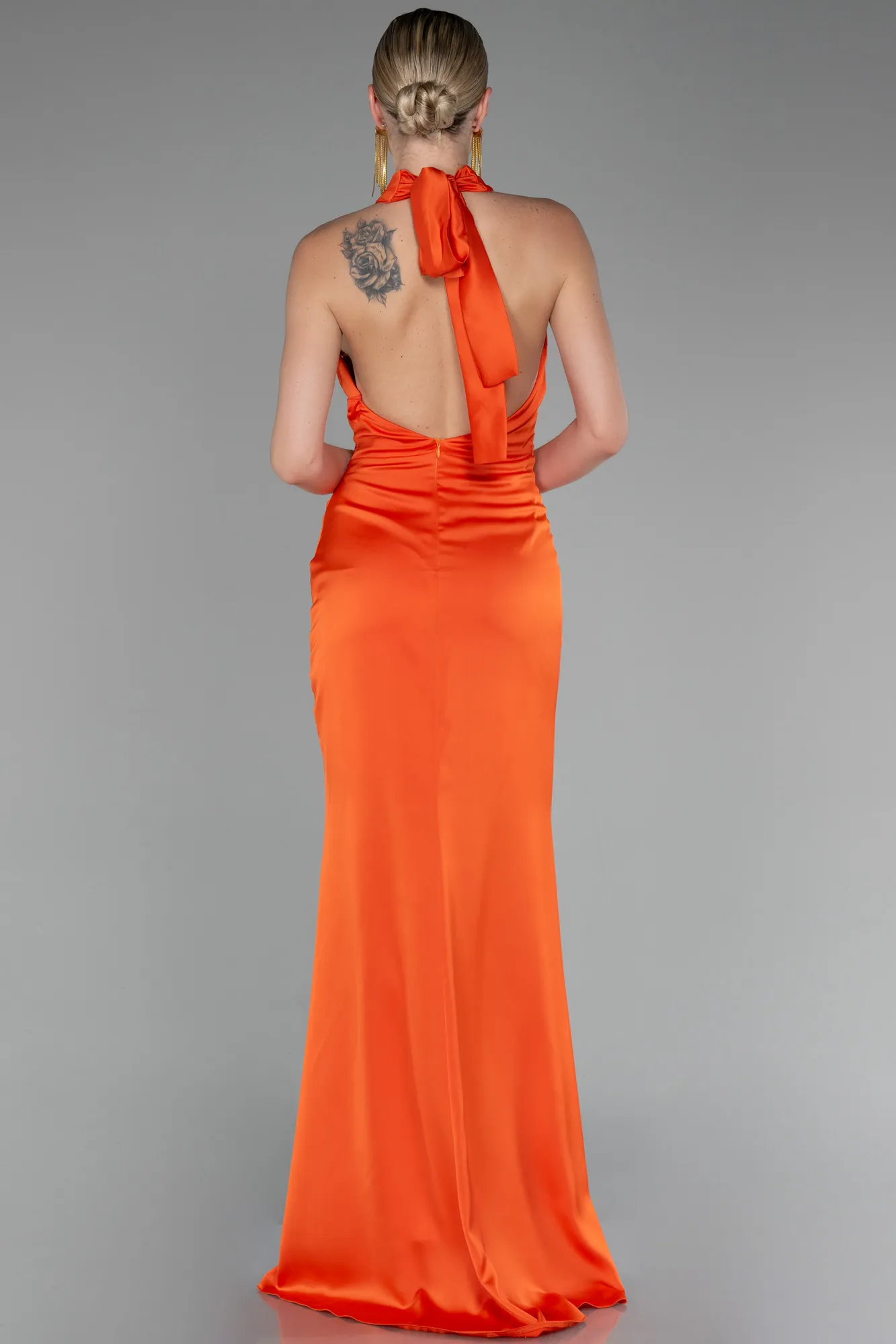 Orange-Halter Neckline Slit Satin Evening Dress ABU4109