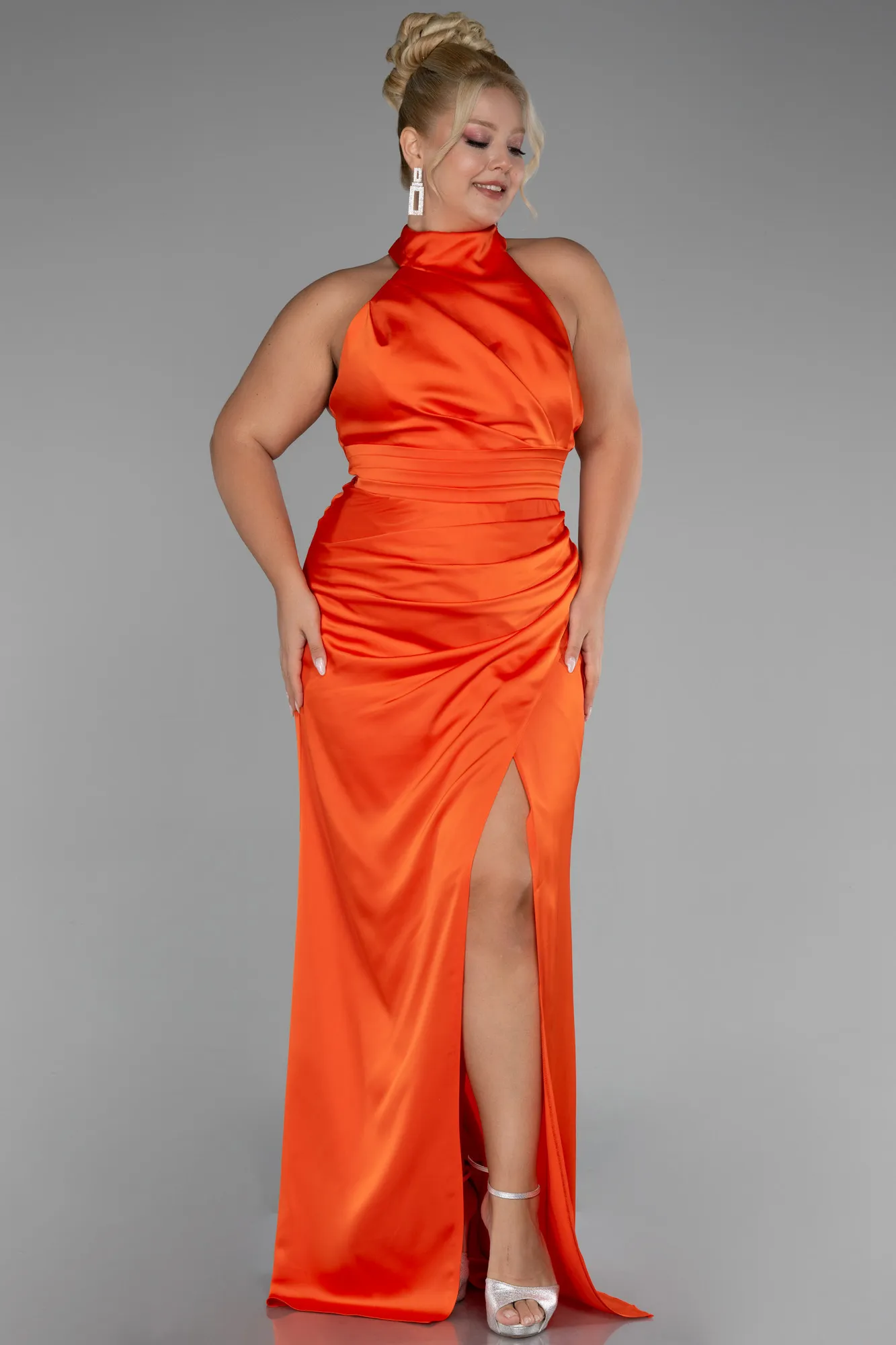 Orange-Halter Neckline Slit Satin Plus Size Evening Dress ABU4110