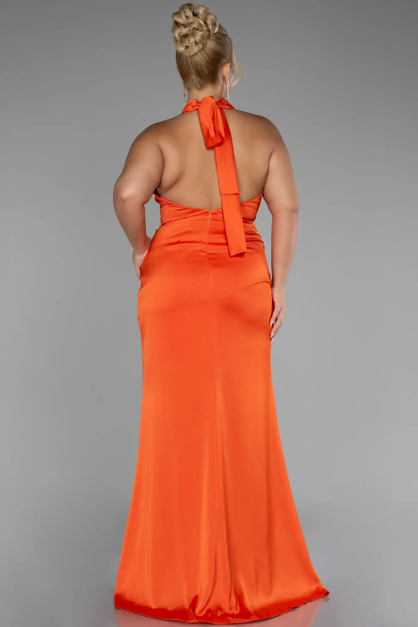 Orange-Halter Neckline Slit Satin Plus Size Evening Dress ABU4110