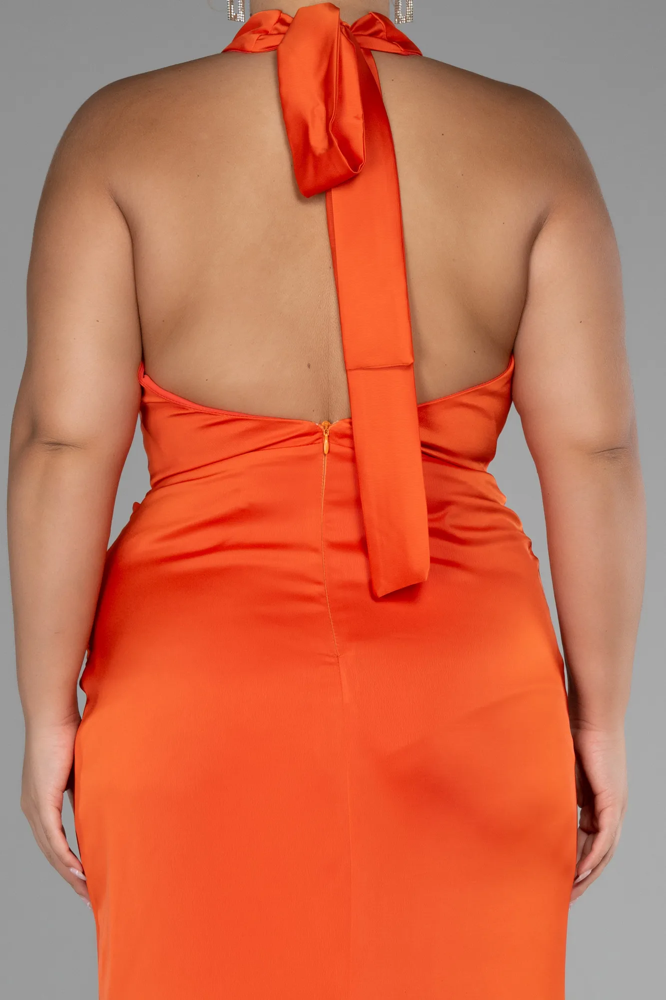 Orange-Halter Neckline Slit Satin Plus Size Evening Dress ABU4110