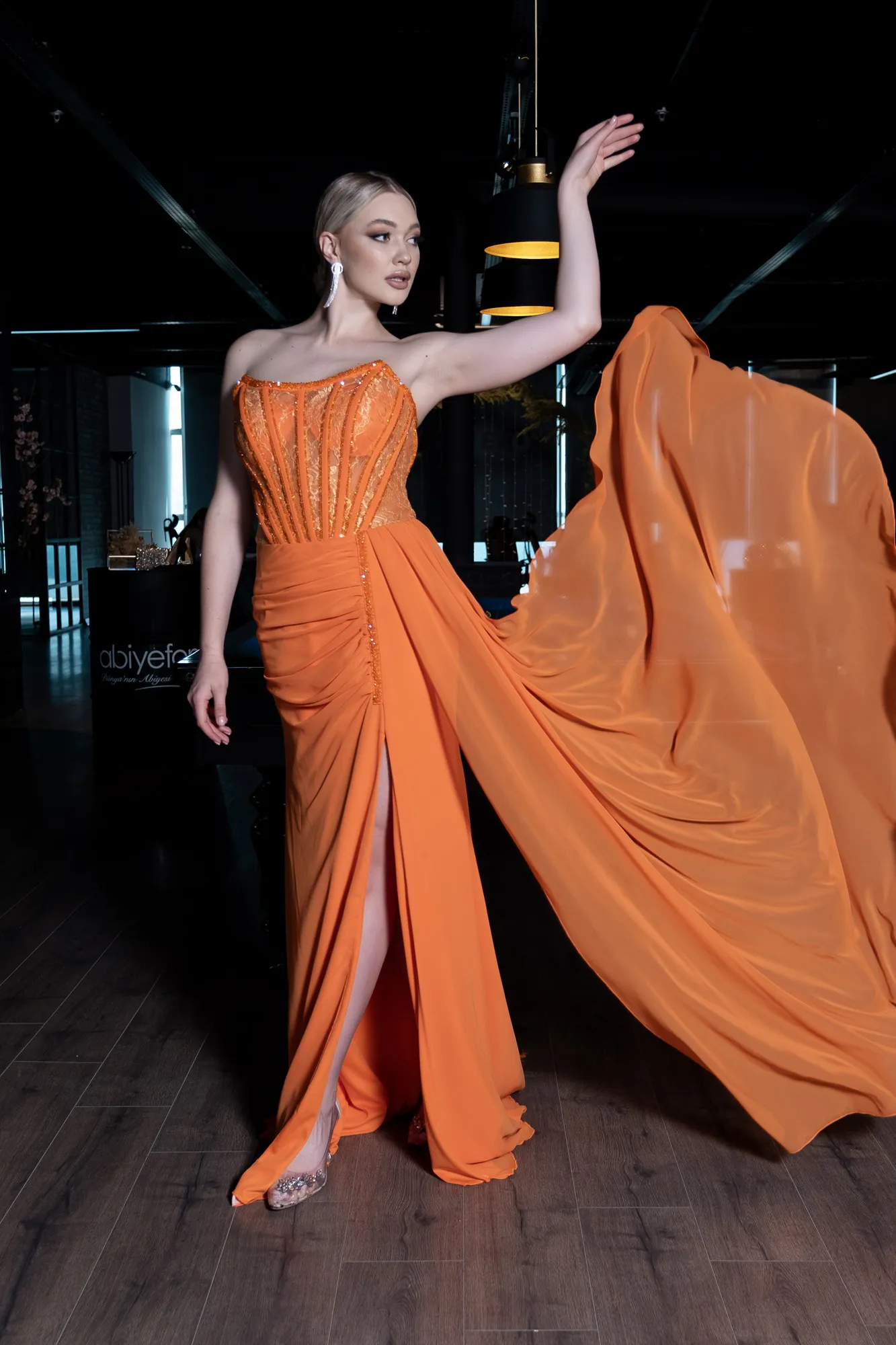 Orange-Long Chiffon Evening Dress ABU3145