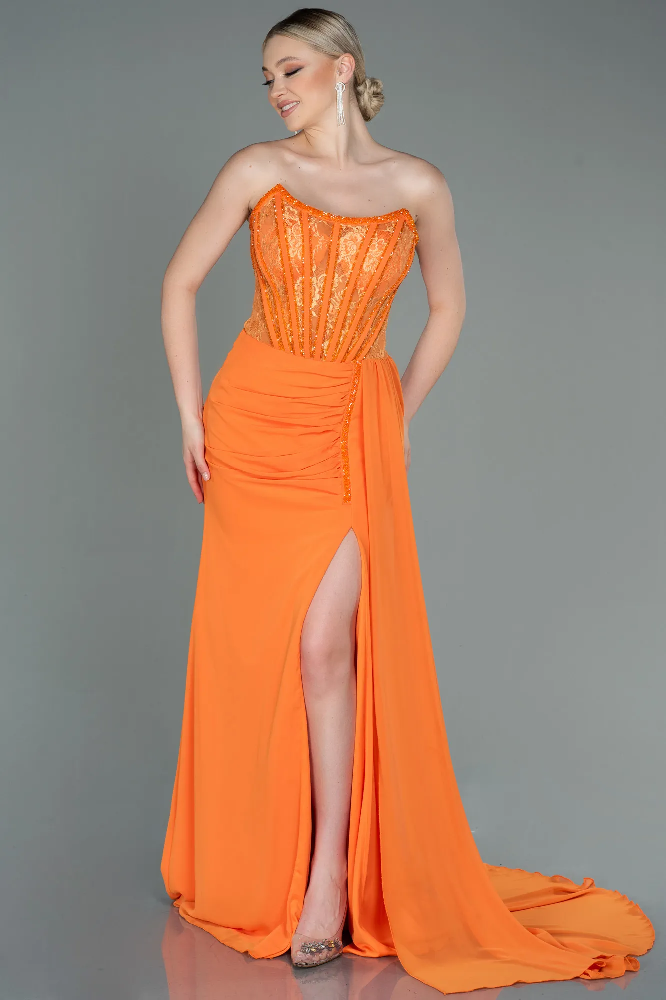 Orange-Long Chiffon Evening Dress ABU3145