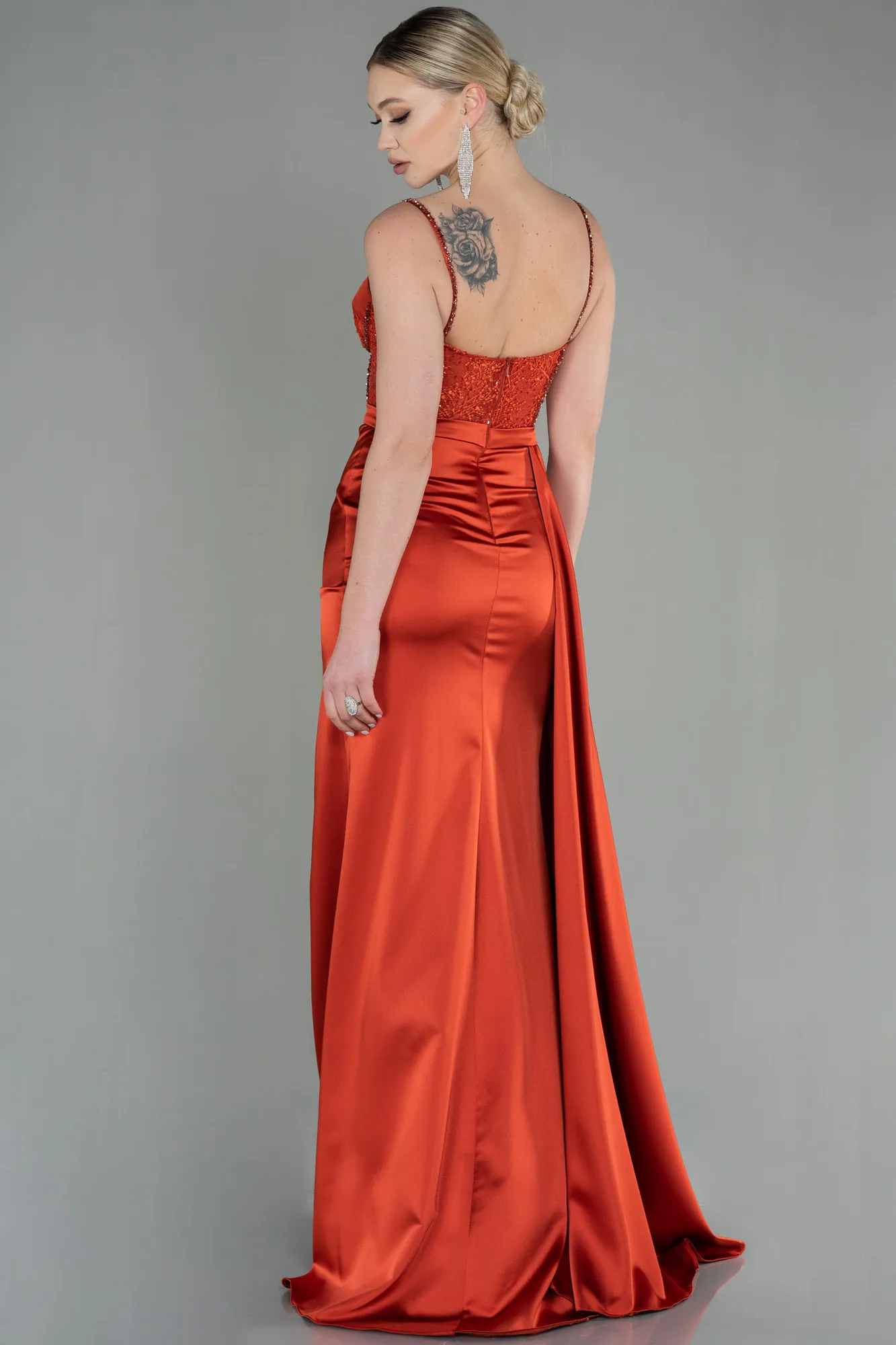 Orange-Long Satin Evening Dress ABU2130