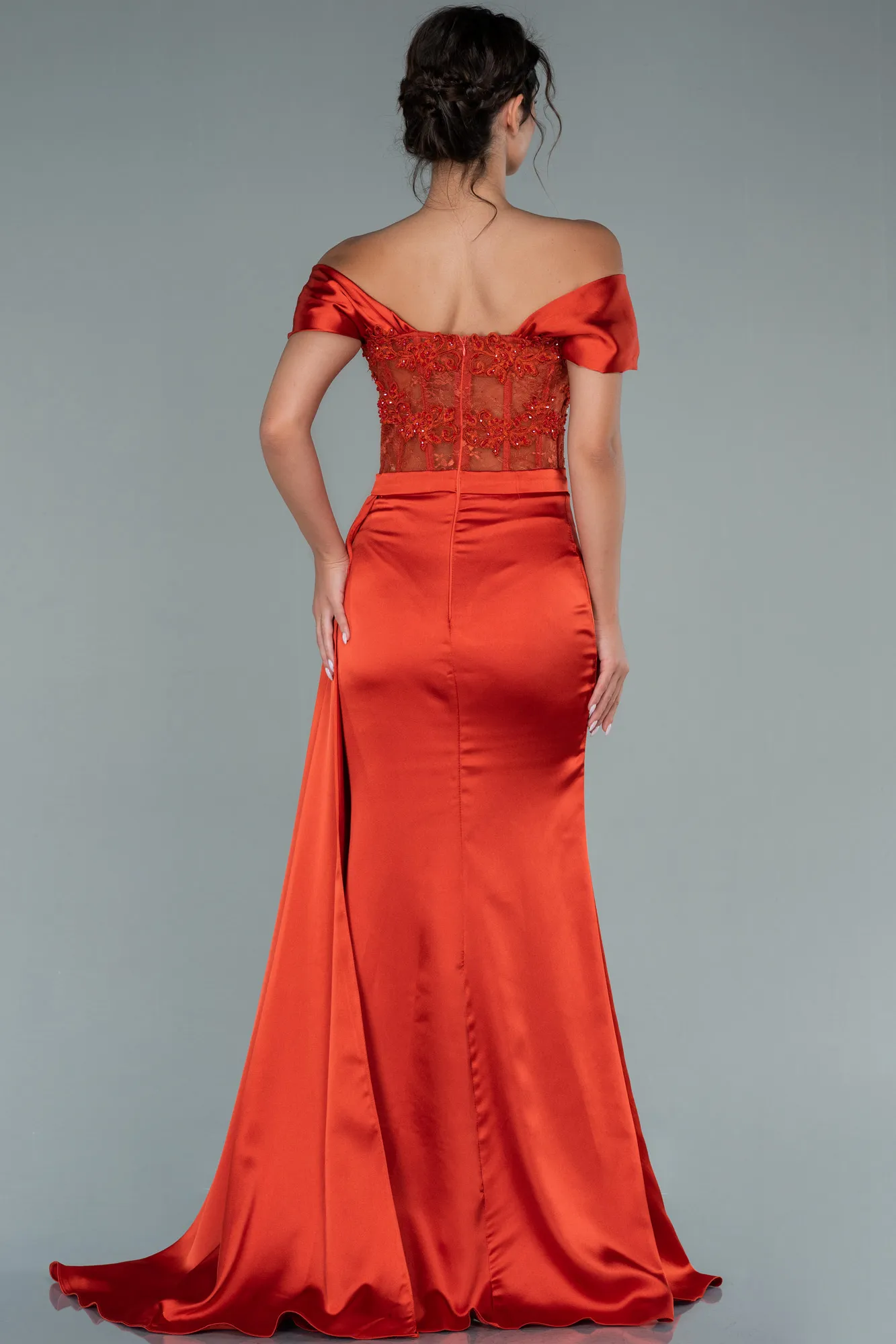 Orange-Long Satin Evening Dress ABU2374