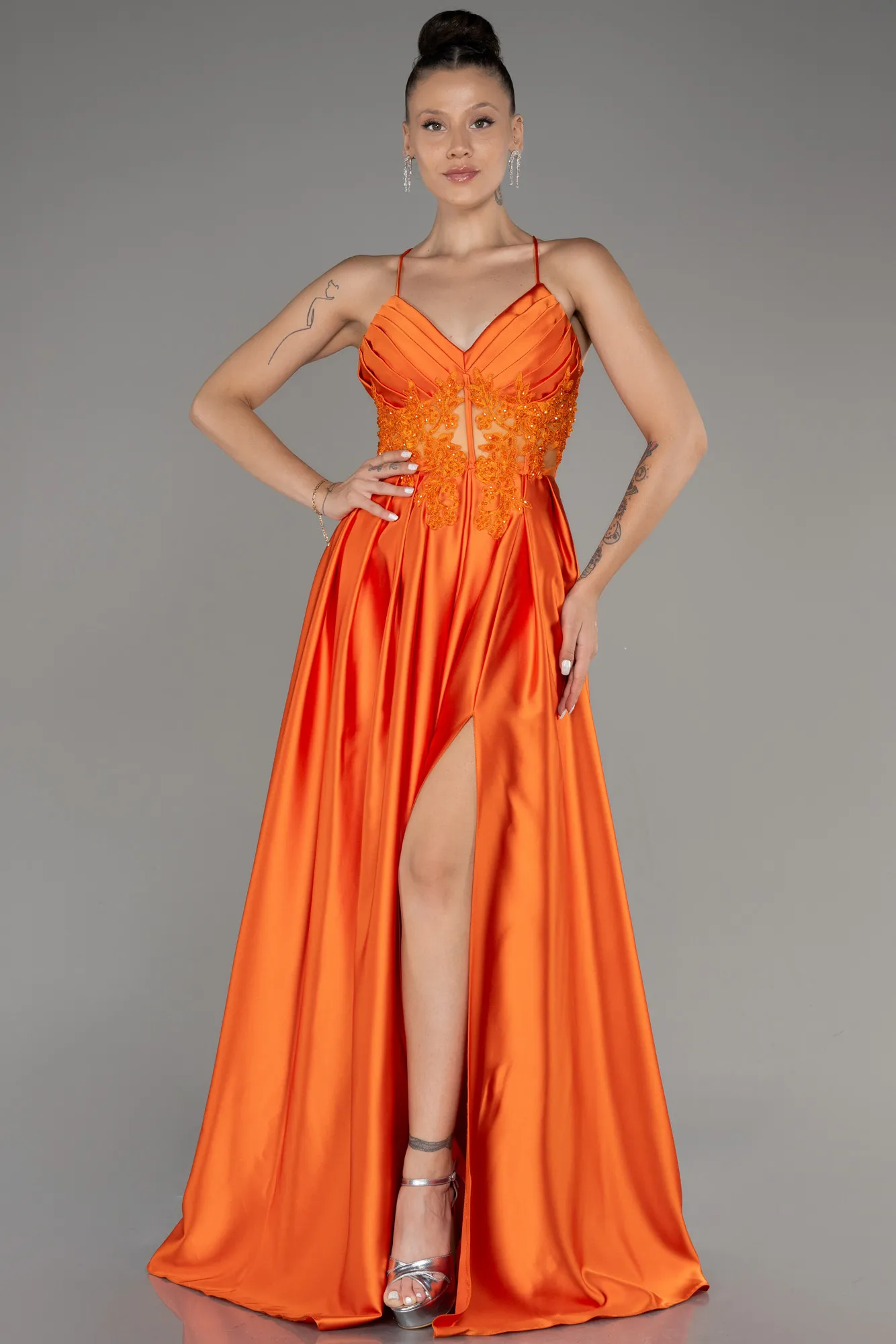 Orange-Long Satin Evening Dress ABU2583