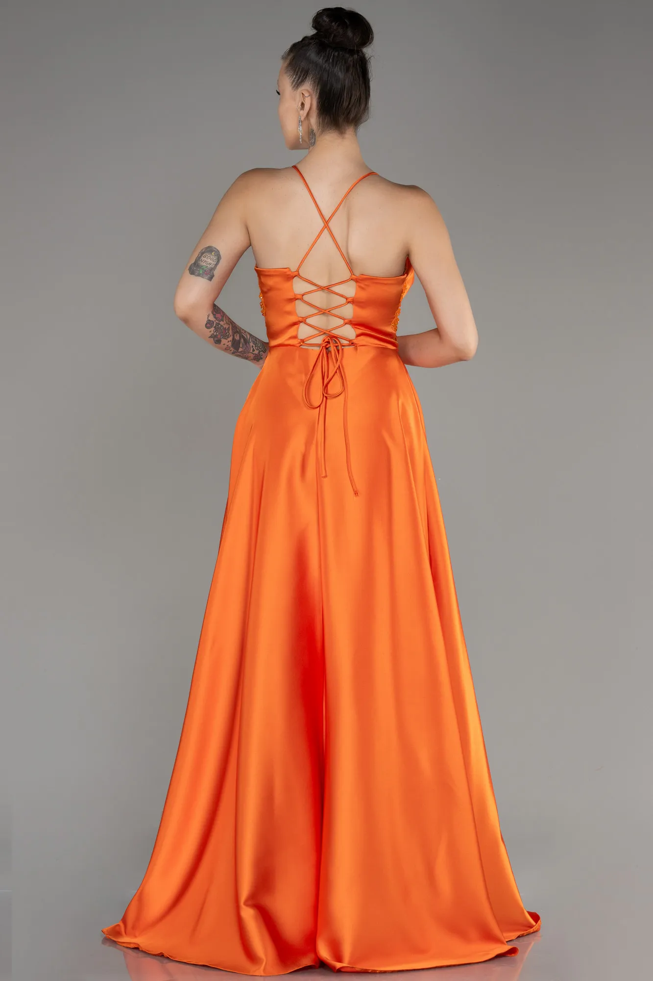 Orange-Long Satin Evening Dress ABU2583