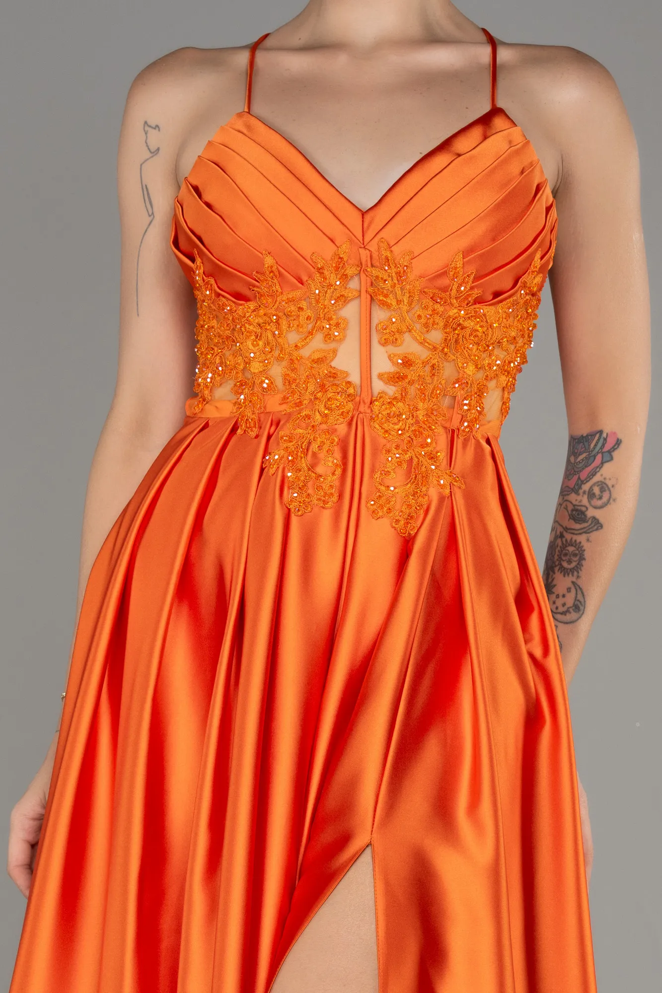 Orange-Long Satin Evening Dress ABU2583